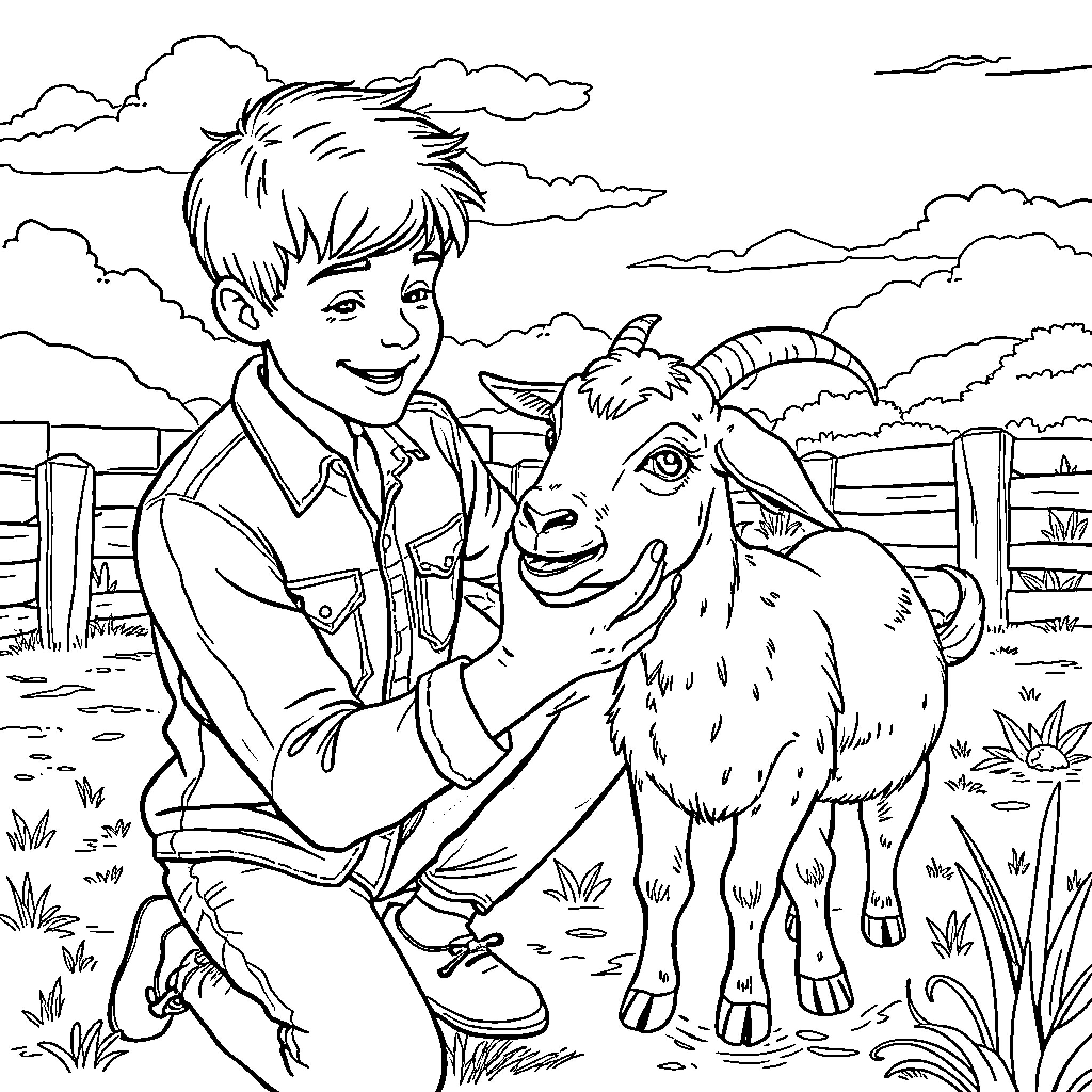 Goat and boy enjoying the outdoors together Coloring Page (free black-and-white line drawing printable PDF for all, from beginners to advanced learners, including children, teens, adults, and seniors)