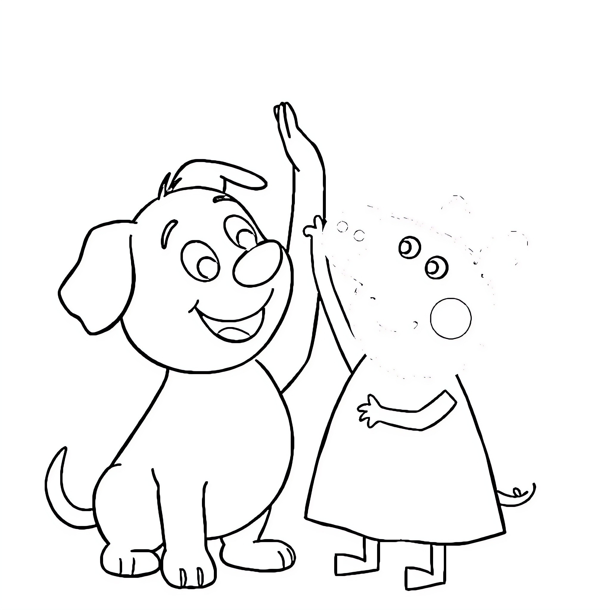 Bluey and Friend Enjoying Playtime Coloring Page (free black-and-white line drawing printable PDF for all, from beginners to advanced learners, including children, teens, adults, and seniors)