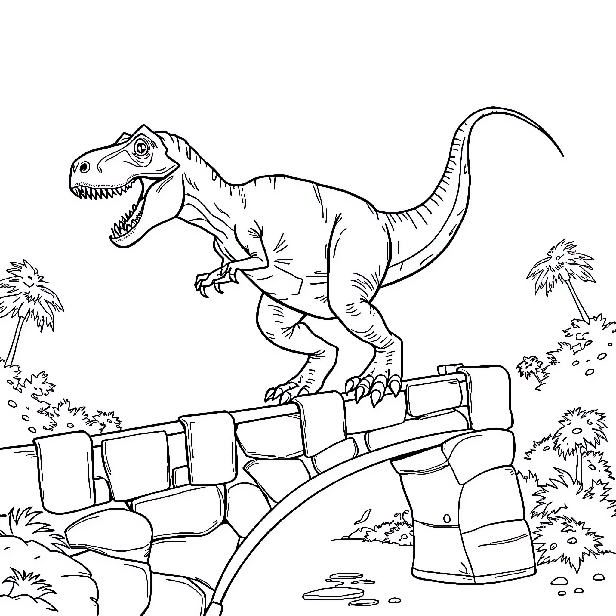 T-Rex Roaming Across Prehistoric Landscape Coloring Page (free black-and-white line drawing printable PDF for all, from beginners to advanced learners, including children, teens, adults, and seniors)