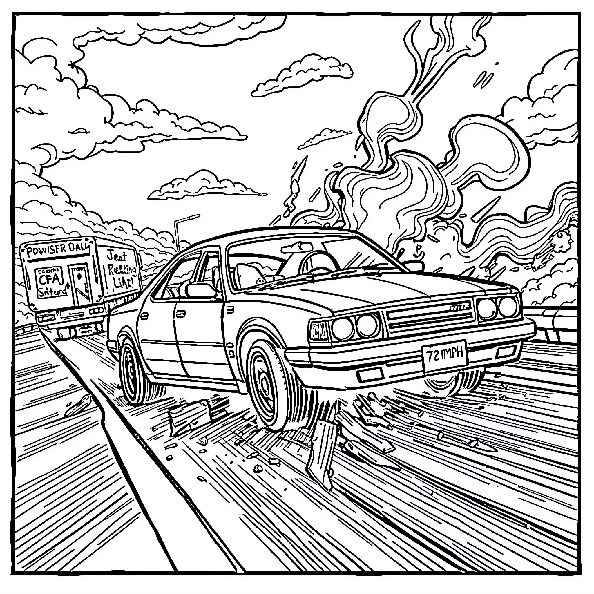 Car speeding through dangerous road in stormy weather Coloring Page (free black-and-white line drawing printable PDF for all, from beginners to advanced learners, including children, teens, adults, and seniors)