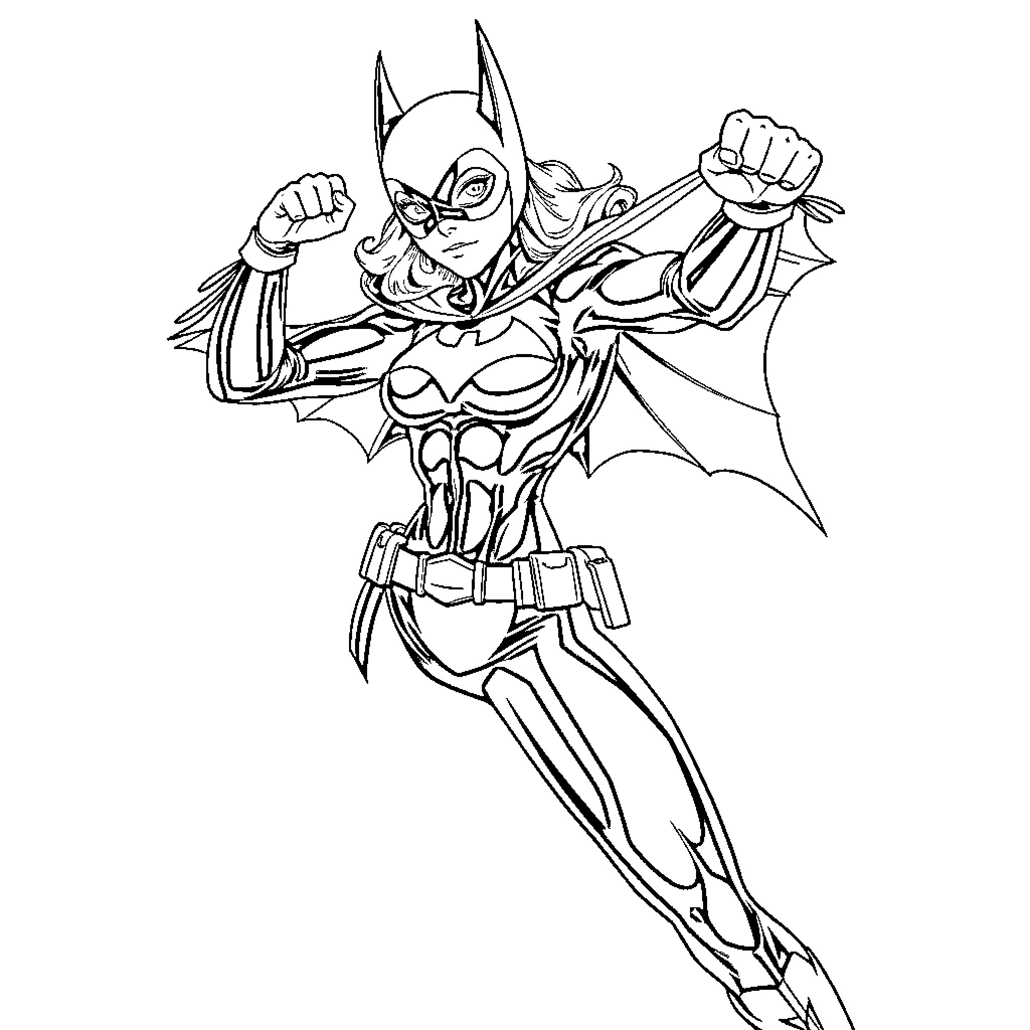 Bat Girl in action-packed pose Coloring Page (free black-and-white line drawing printable PDF for all, from beginners to advanced learners, including children, teens, adults, and seniors)