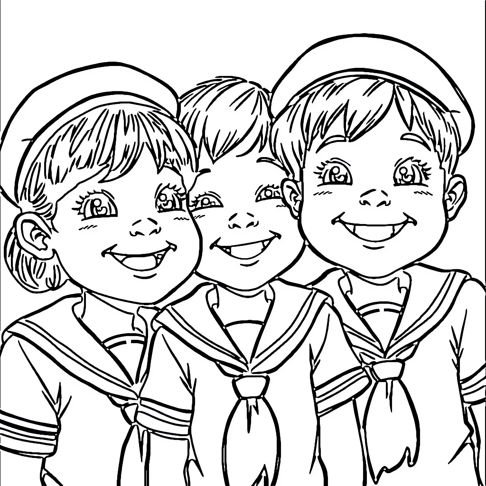 Children in Sailor Uniforms Smiling Happily Coloring Page (free black-and-white line drawing printable PDF for all, from beginners to advanced learners, including children, teens, adults, and seniors)