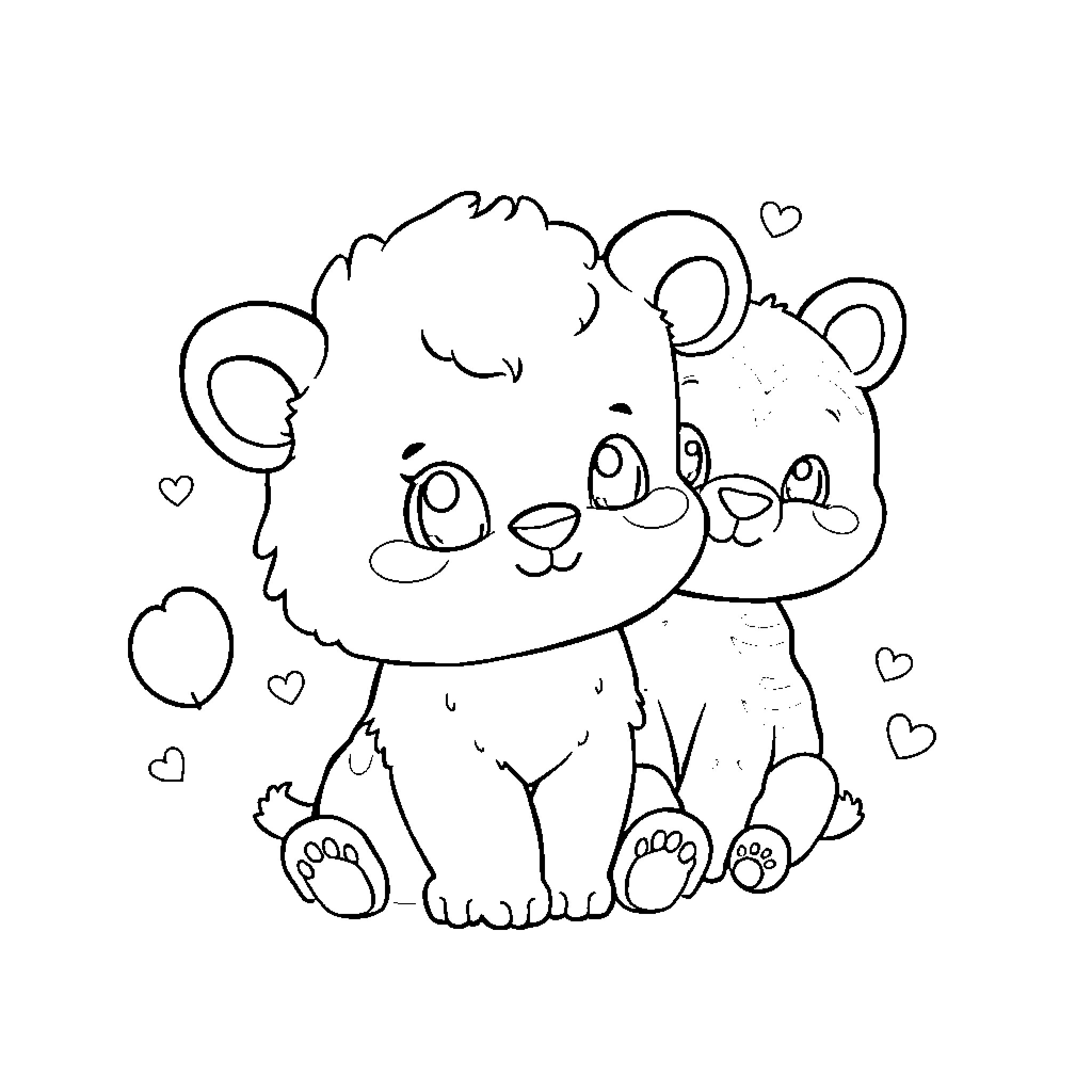 Animal Friends Sharing Affection Coloring Page (free black-and-white line drawing printable PDF for all, from beginners to advanced learners, including children, teens, adults, and seniors)