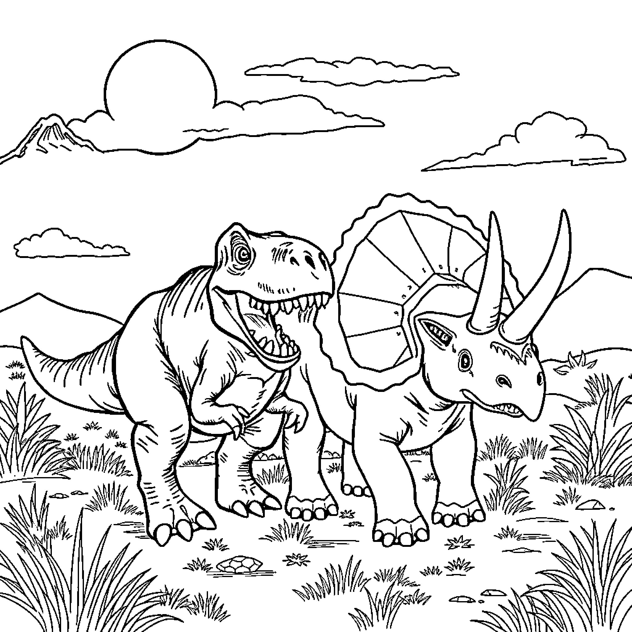 Dinosaurs in a prehistoric landscape Coloring Page (free black-and-white line drawing printable PDF for all, from beginners to advanced learners, including children, teens, adults, and seniors)