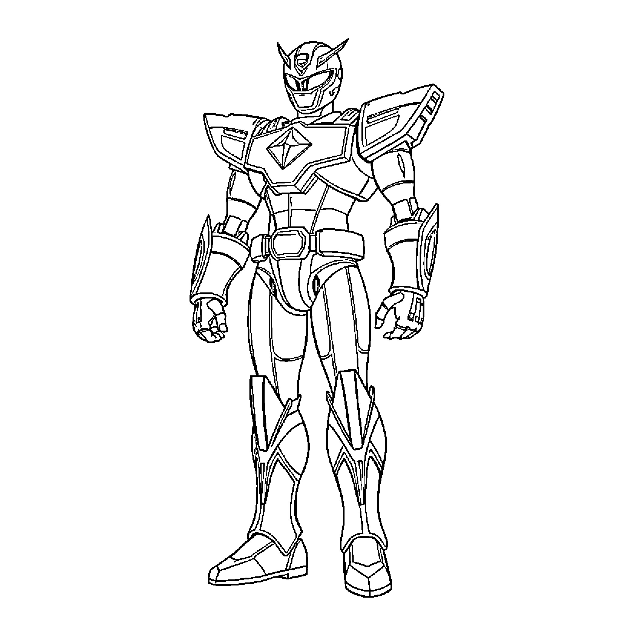 Robot Warrior in Heroic Pose Coloring Page (free black-and-white line drawing printable PDF for all, from beginners to advanced learners, including children, teens, adults, and seniors)