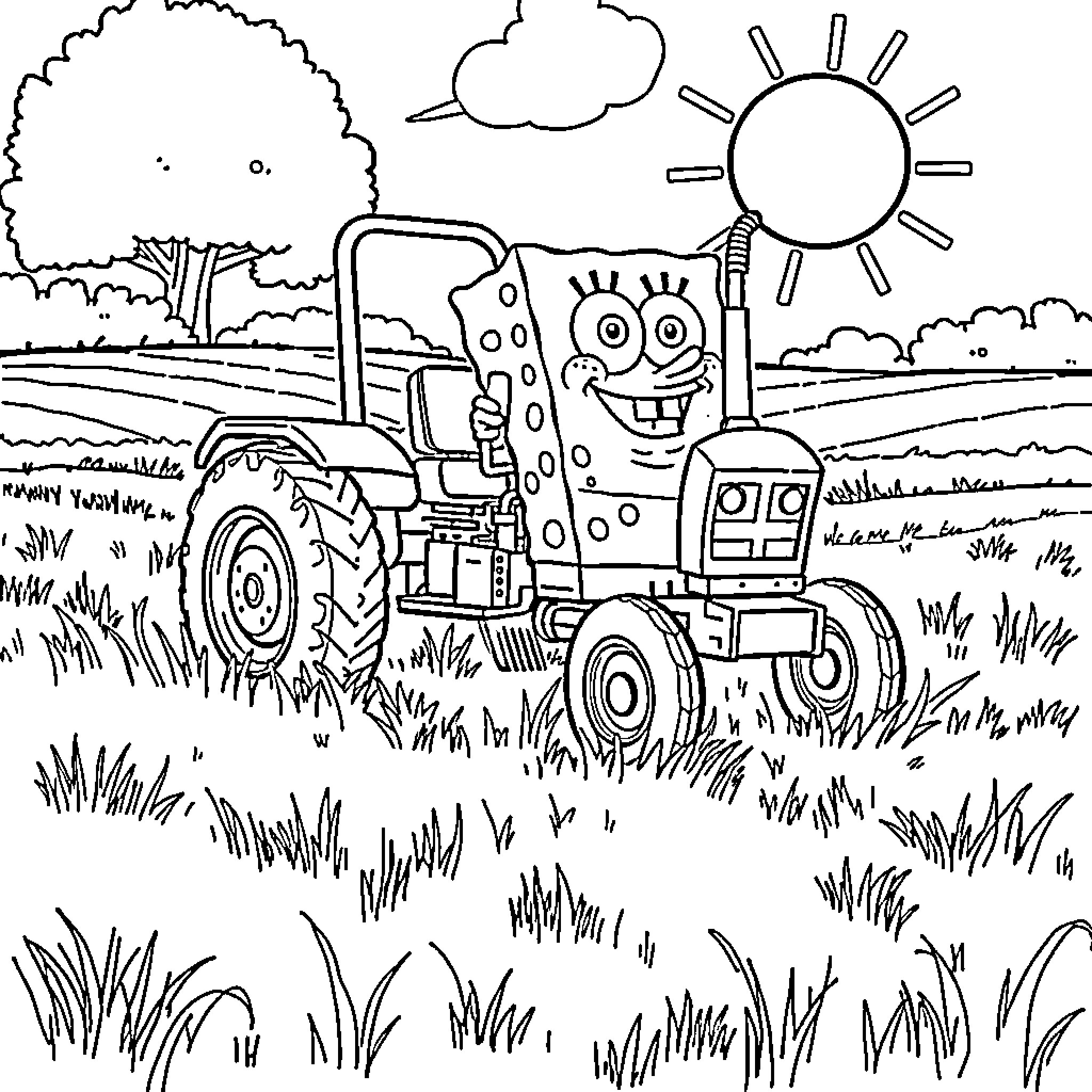 Spongebob's Tractor Adventure in the Countryside Coloring Page (free black-and-white line drawing printable PDF for all, from beginners to advanced learners, including children, teens, adults, and seniors)