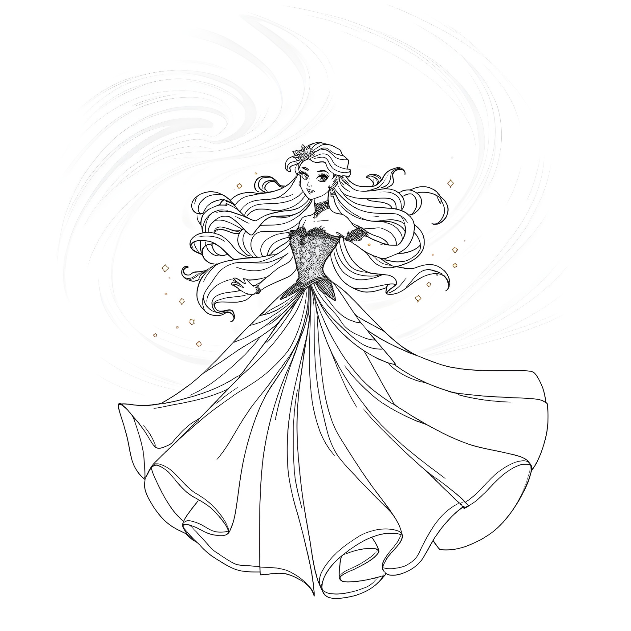 Aurora Dances in a Flowing Gown Coloring Page (free black-and-white line drawing printable PDF for all, from beginners to advanced learners, including children, teens, adults, and seniors)