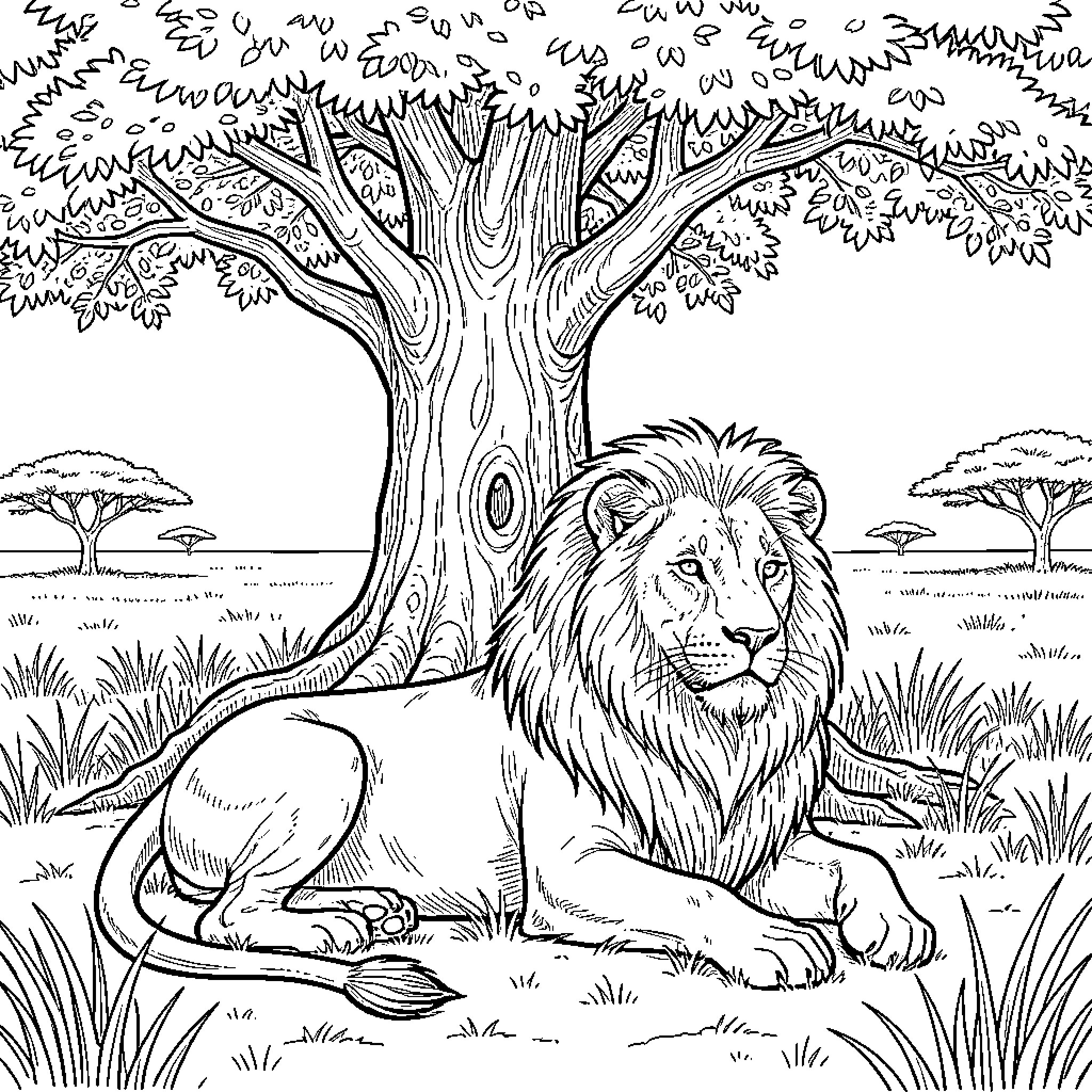 Lion resting peacefully in the African wilderness Coloring Page (free black-and-white line drawing printable PDF for all, from beginners to advanced learners, including children, teens, adults, and seniors)