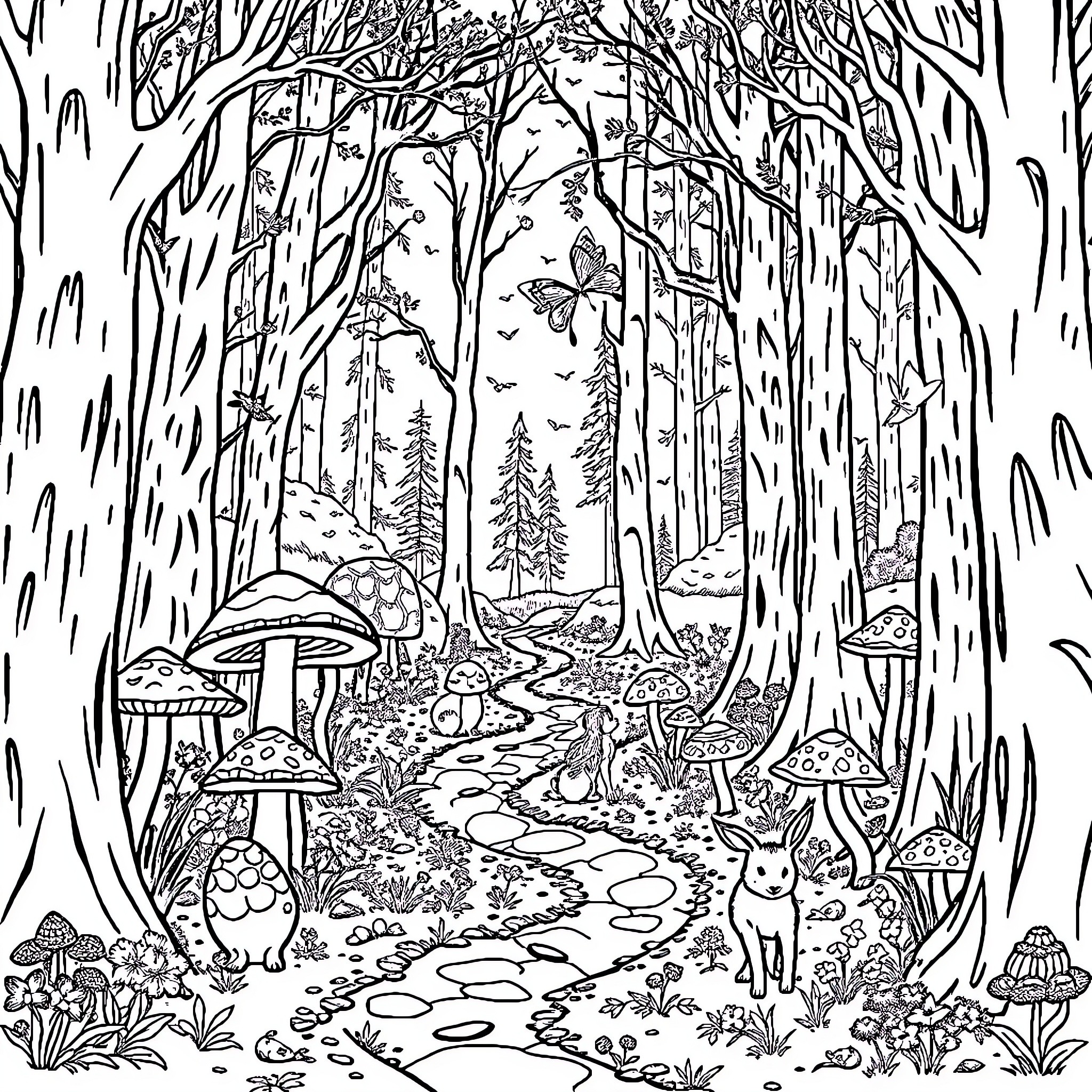 Forest Path Filled with Enchanting Scenes Coloring Page (free black-and-white line drawing printable PDF for all, from beginners to advanced learners, including children, teens, adults, and seniors)