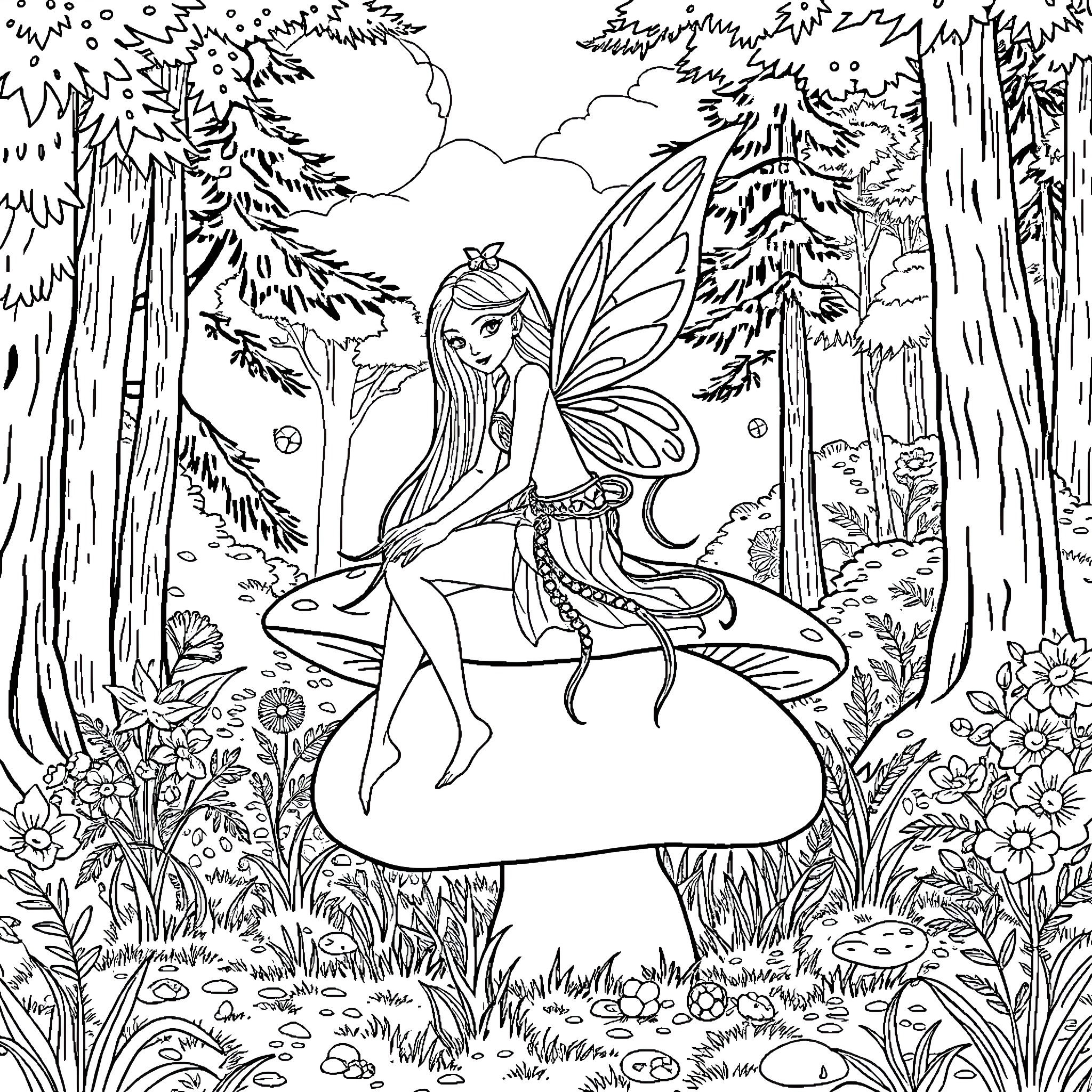 Fairy Resting on Enchanted Mushroom in Forest Coloring Page (free black-and-white line drawing printable PDF for all, from beginners to advanced learners, including children, teens, adults, and seniors)