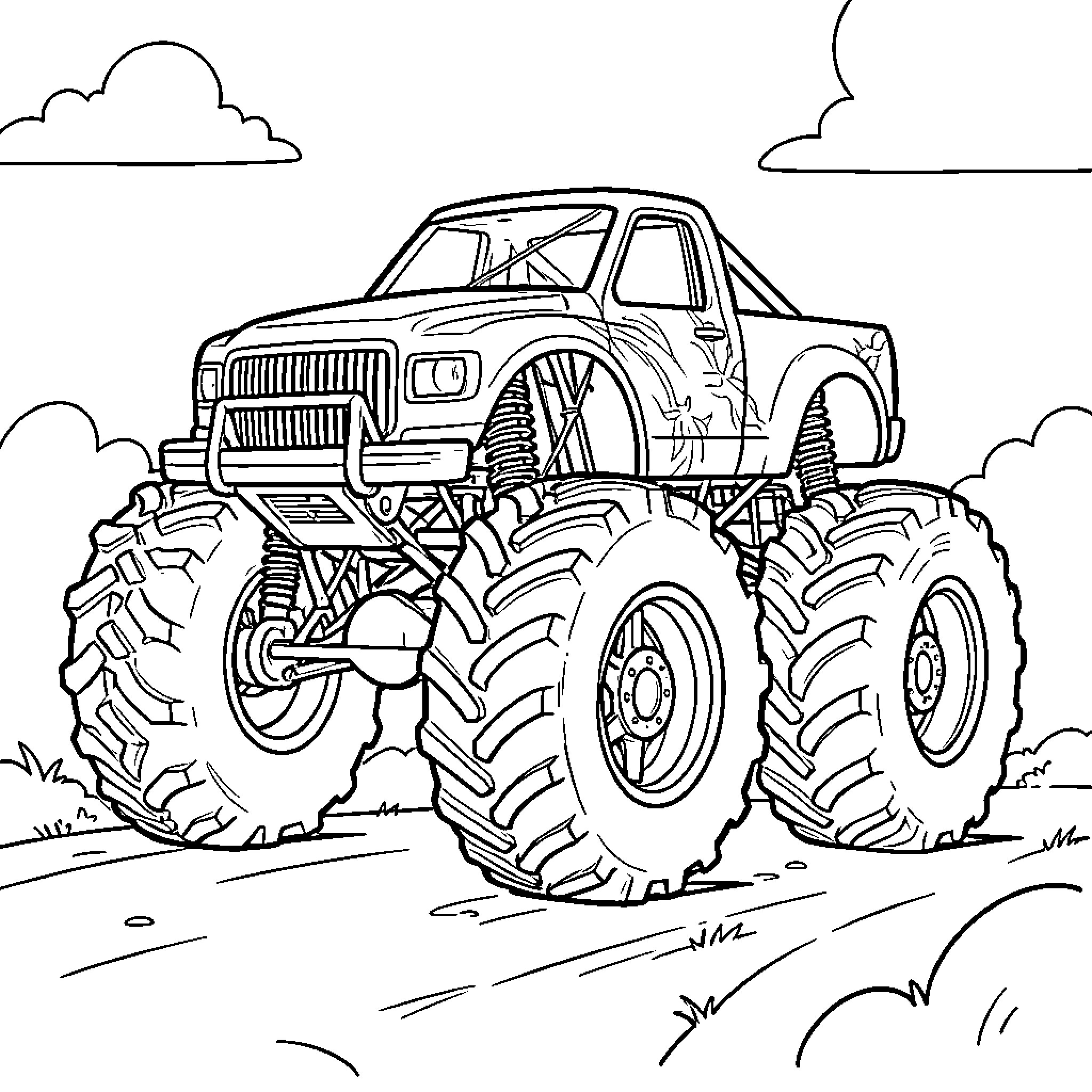 Monster Truck driving through a grassy landscape Coloring Page (free black-and-white line drawing printable PDF for all, from beginners to advanced learners, including children, teens, adults, and seniors)