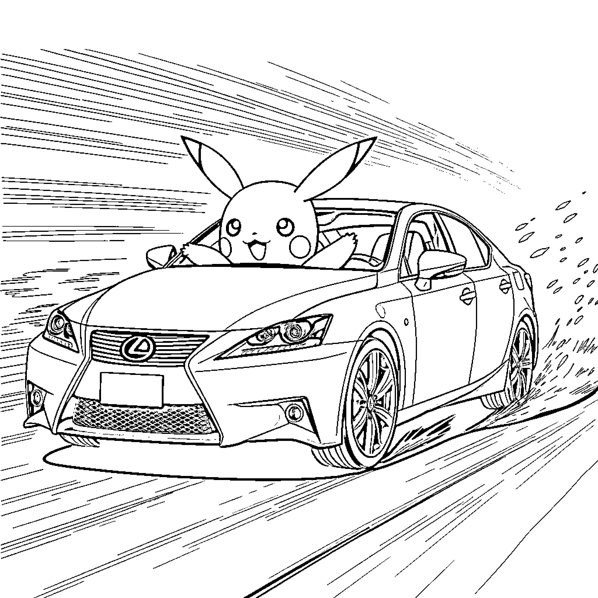 Pikachu joyfully riding in a fast car Coloring Page (free black-and-white line drawing printable PDF for all, from beginners to advanced learners, including children, teens, adults, and seniors)