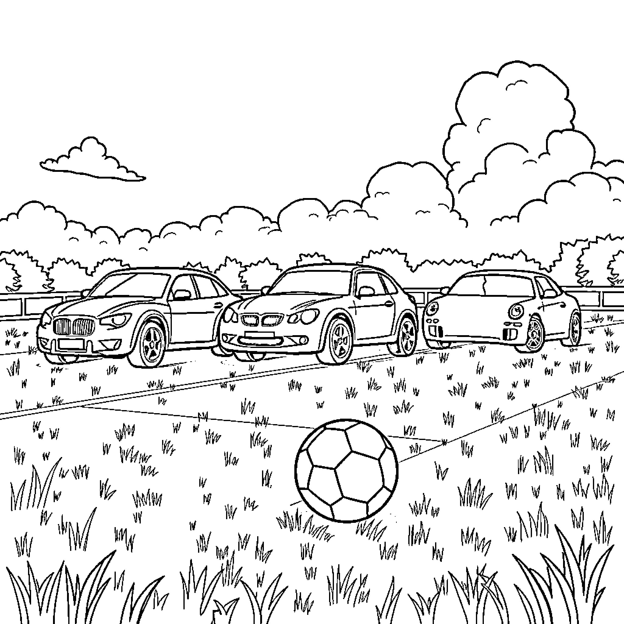 Cars parked in a grassy field with soccer ball Coloring Page (free black-and-white line drawing printable PDF for all, from beginners to advanced learners, including children, teens, adults, and seniors)