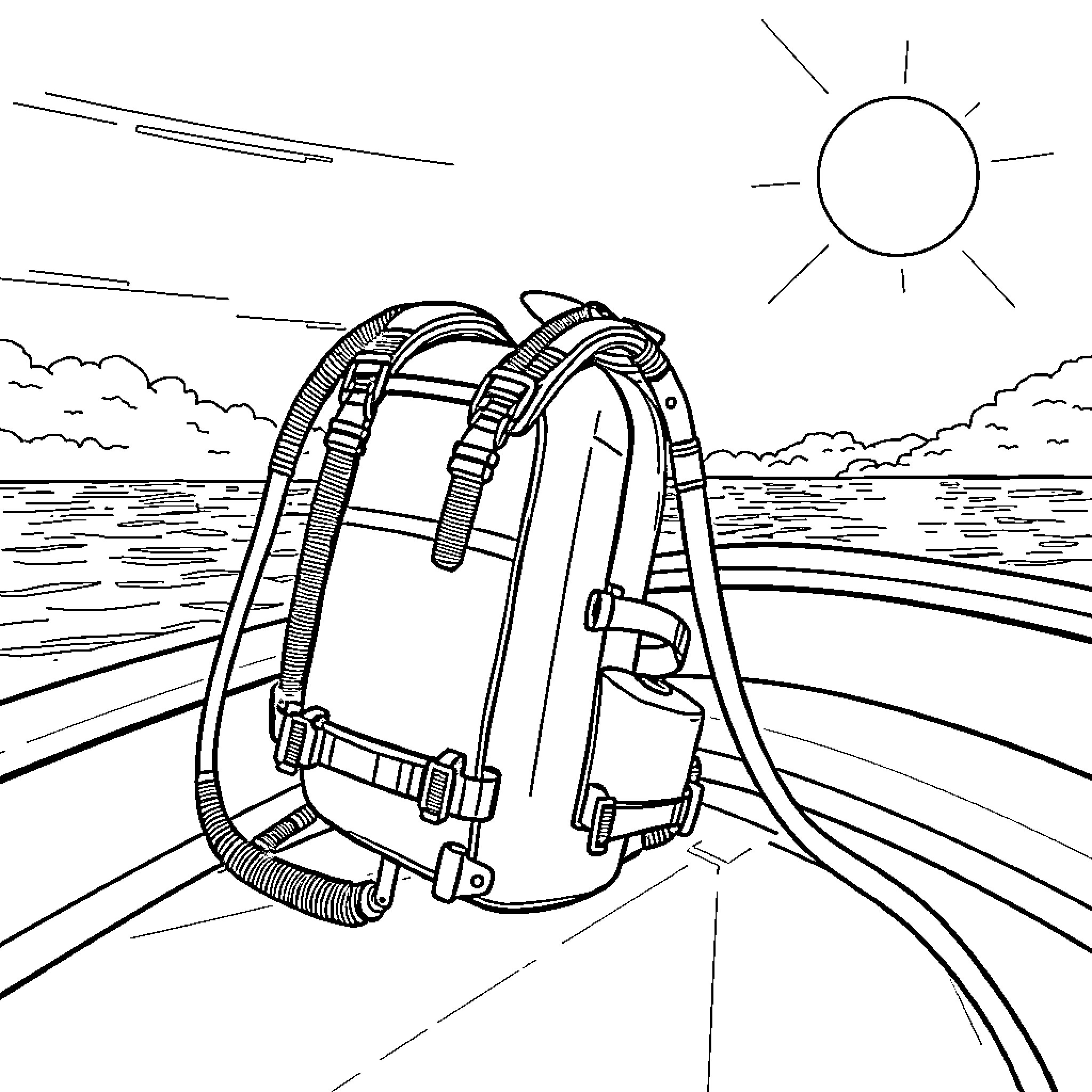 Scuba Tank on the Boat in Sunny Day Coloring Page (free black-and-white line drawing printable PDF for all, from beginners to advanced learners, including children, teens, adults, and seniors)