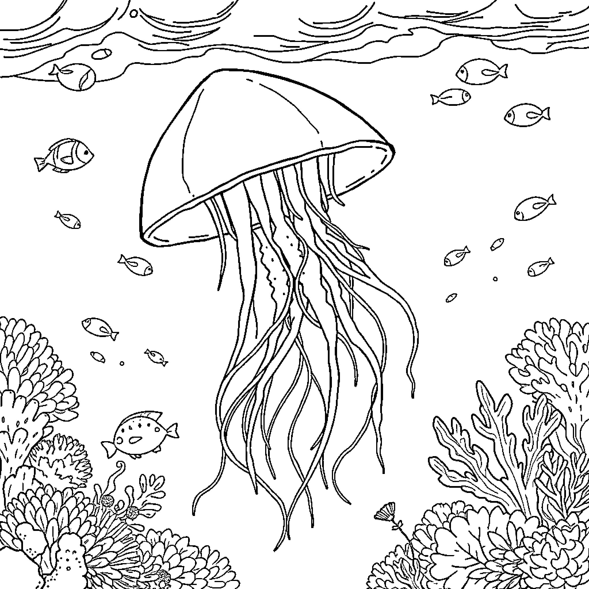 Jellyfish drifting in the underwater ocean Coloring Page (free black-and-white line drawing printable PDF for all, from beginners to advanced learners, including children, teens, adults, and seniors)
