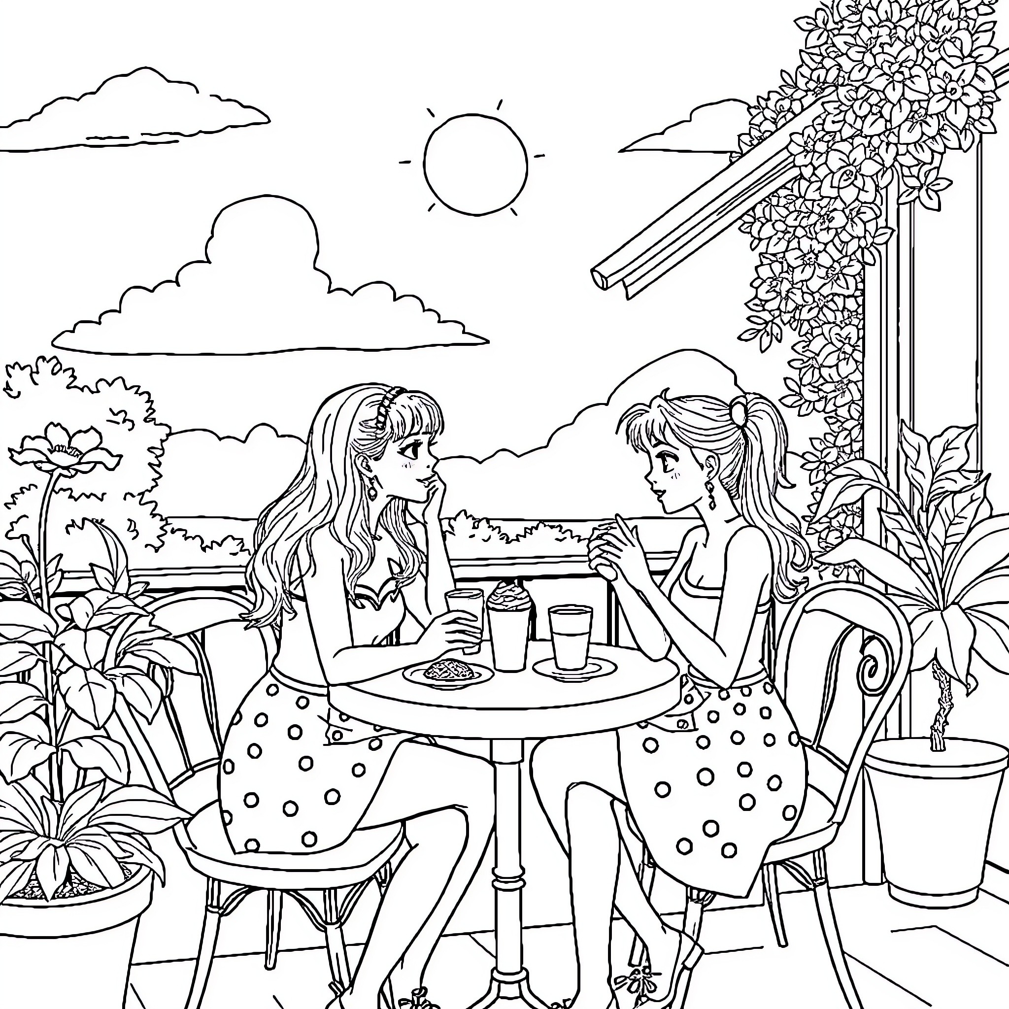 Giorno Giovanna's Peaceful Gathering with a Friend Coloring Page (free black-and-white line drawing printable PDF for all, from beginners to advanced learners, including children, teens, adults, and seniors)