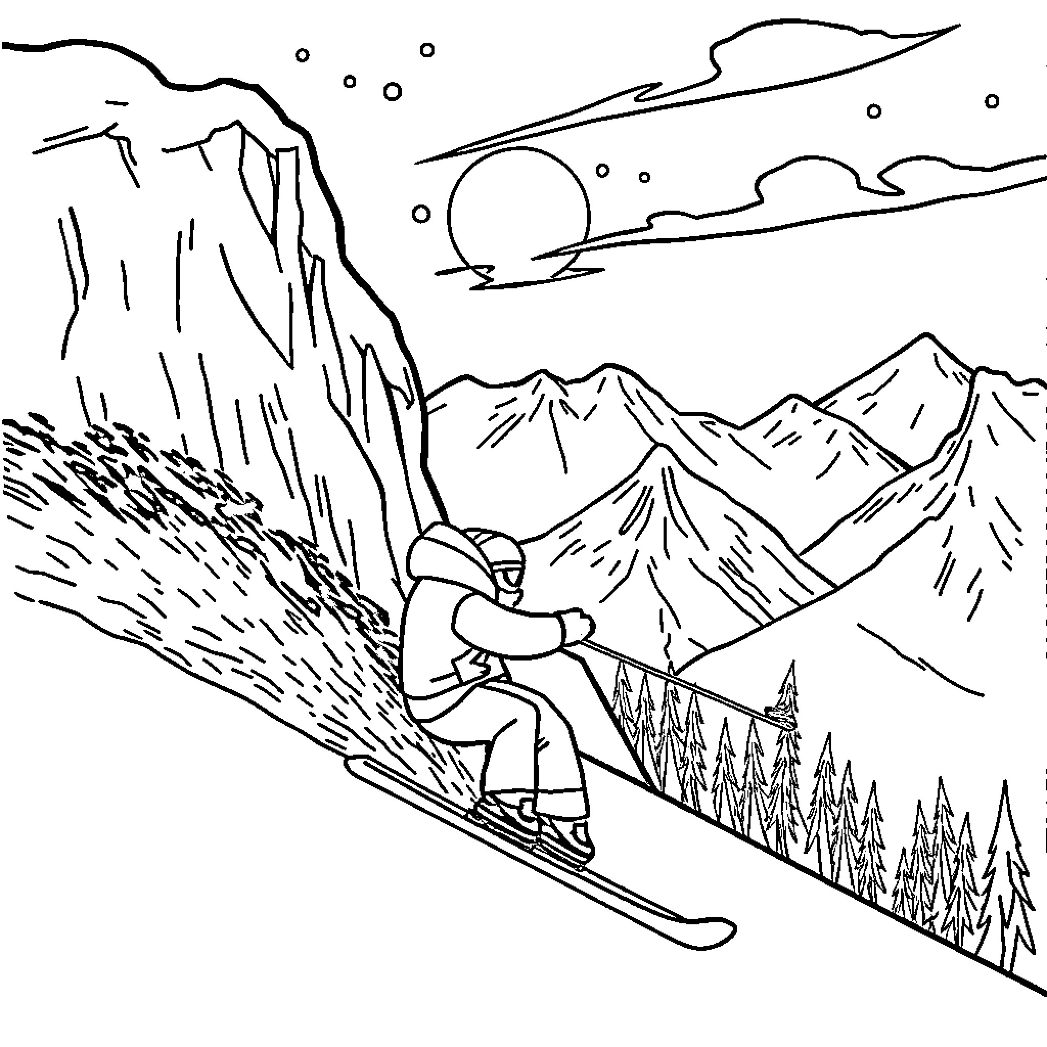 Lamine skiing down a snowy mountain slope Coloring Page (free black-and-white line drawing printable PDF for all, from beginners to advanced learners, including children, teens, adults, and seniors)