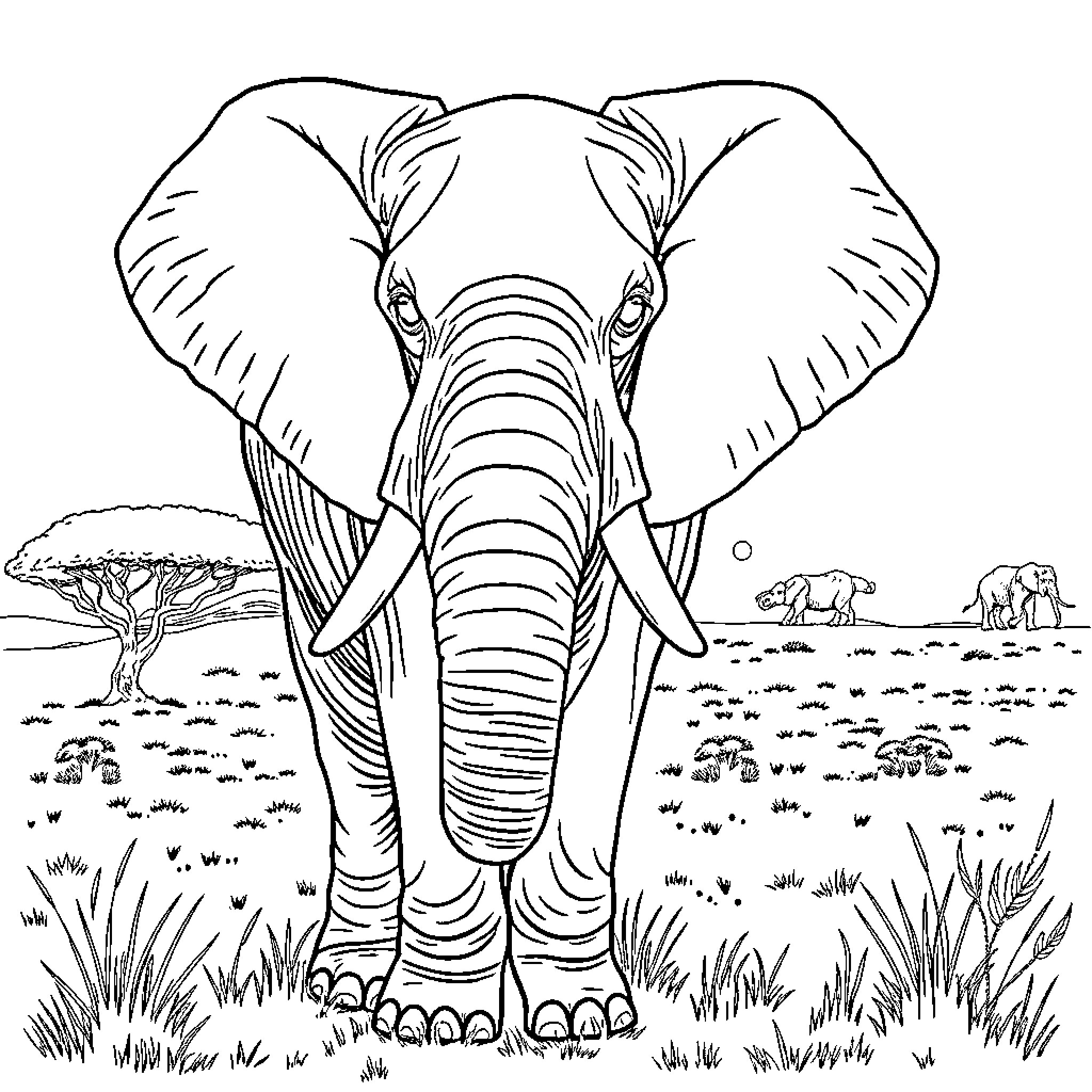 Elephant standing tall in the African savanna Coloring Page (free black-and-white line drawing printable PDF for all, from beginners to advanced learners, including children, teens, adults, and seniors)