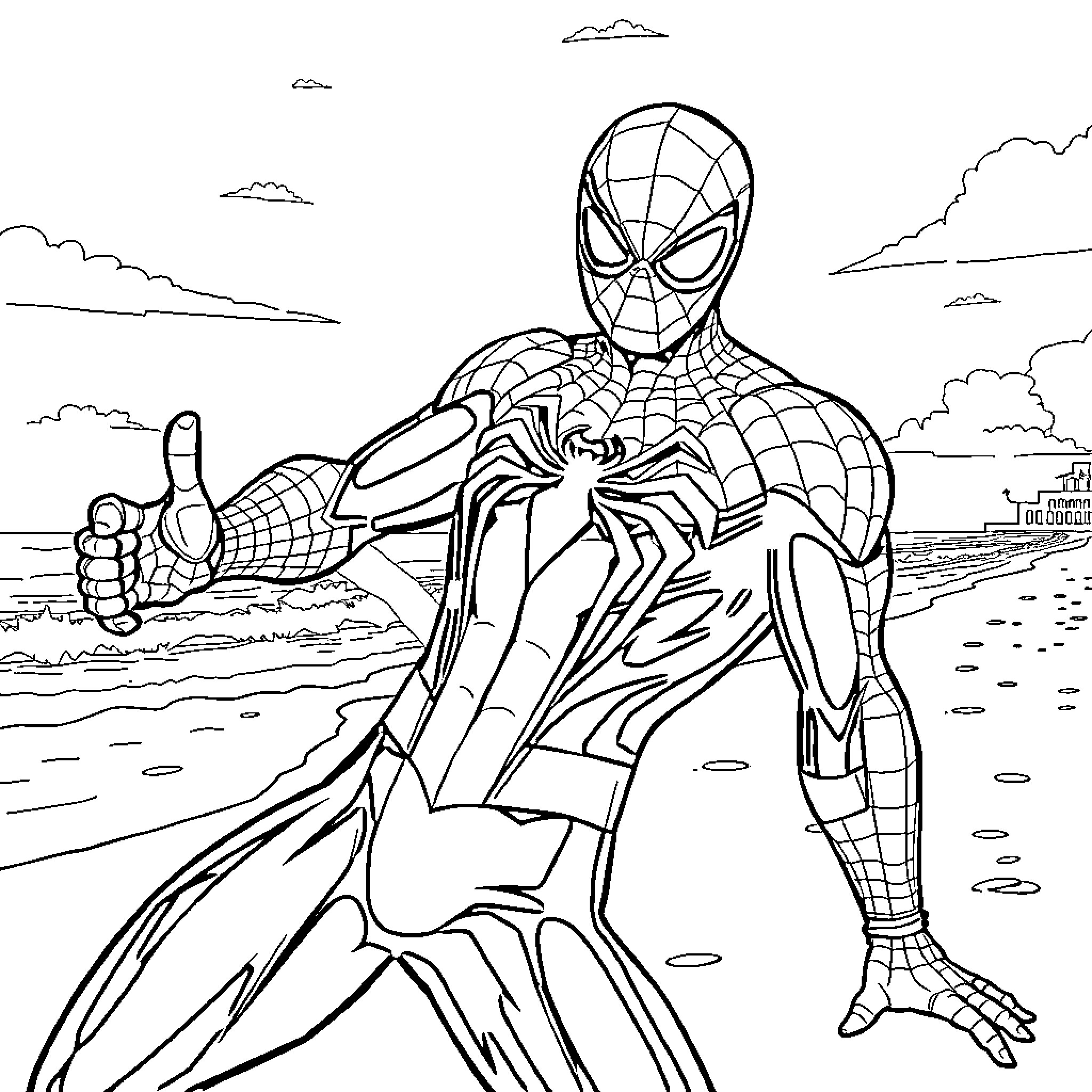 Spiderman swinging and posing on a beachfront Coloring Page (free black-and-white line drawing printable PDF for all, from beginners to advanced learners, including children, teens, adults, and seniors)
