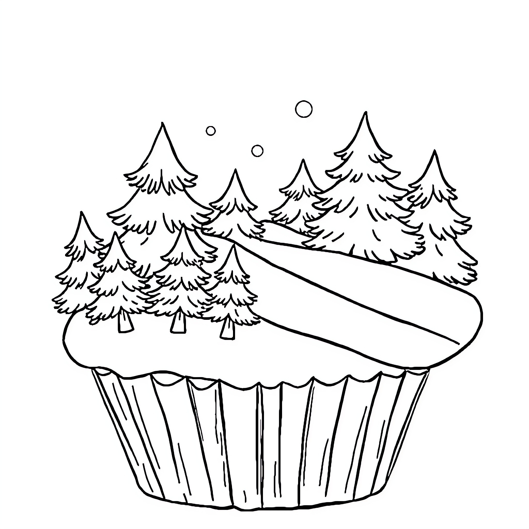 Cupcake with Snowy Winter Landscape Coloring Page (free black-and-white line drawing printable PDF for all, from beginners to advanced learners, including children, teens, adults, and seniors)