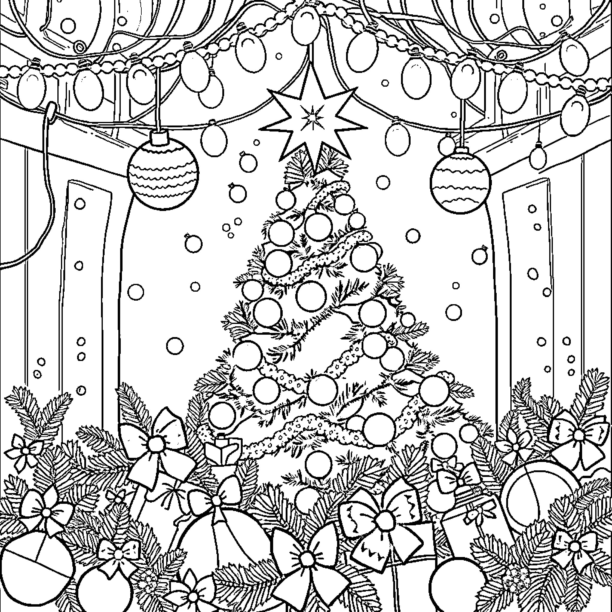 Christmas scene with decorated tree and ornaments Coloring Page (free black-and-white line drawing printable PDF for all, from beginners to advanced learners, including children, teens, adults, and seniors)