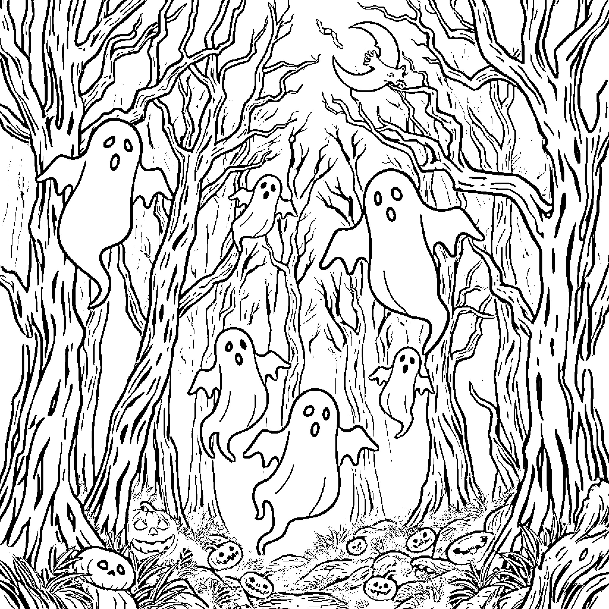 Ghost Spirits Haunting the Eerie Woodland Coloring Page (free black-and-white line drawing printable PDF for all, from beginners to advanced learners, including children, teens, adults, and seniors)