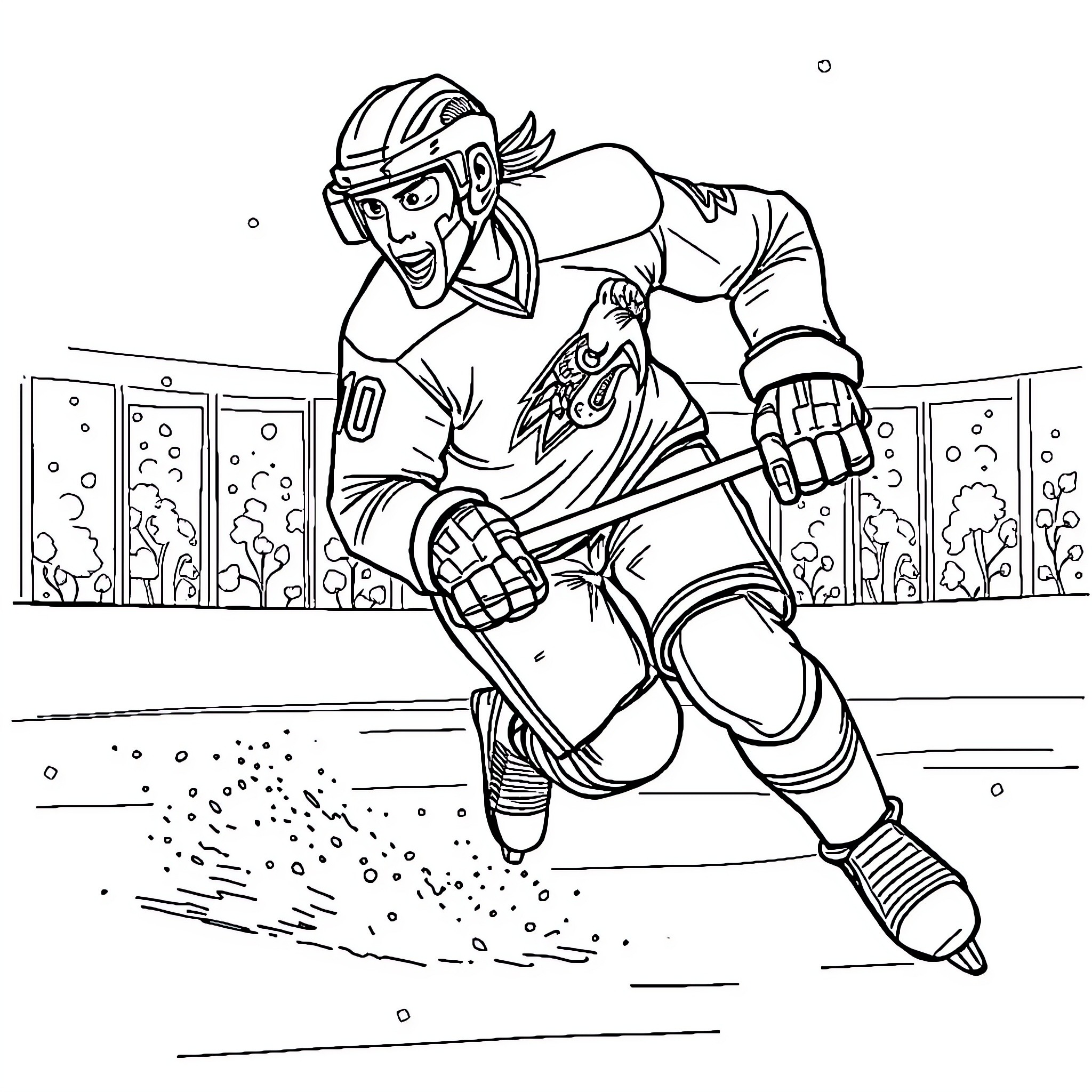 Hockey Player Skating Aggressively on Ice Rink Coloring Page (free black-and-white line drawing printable PDF for all, from beginners to advanced learners, including children, teens, adults, and seniors)
