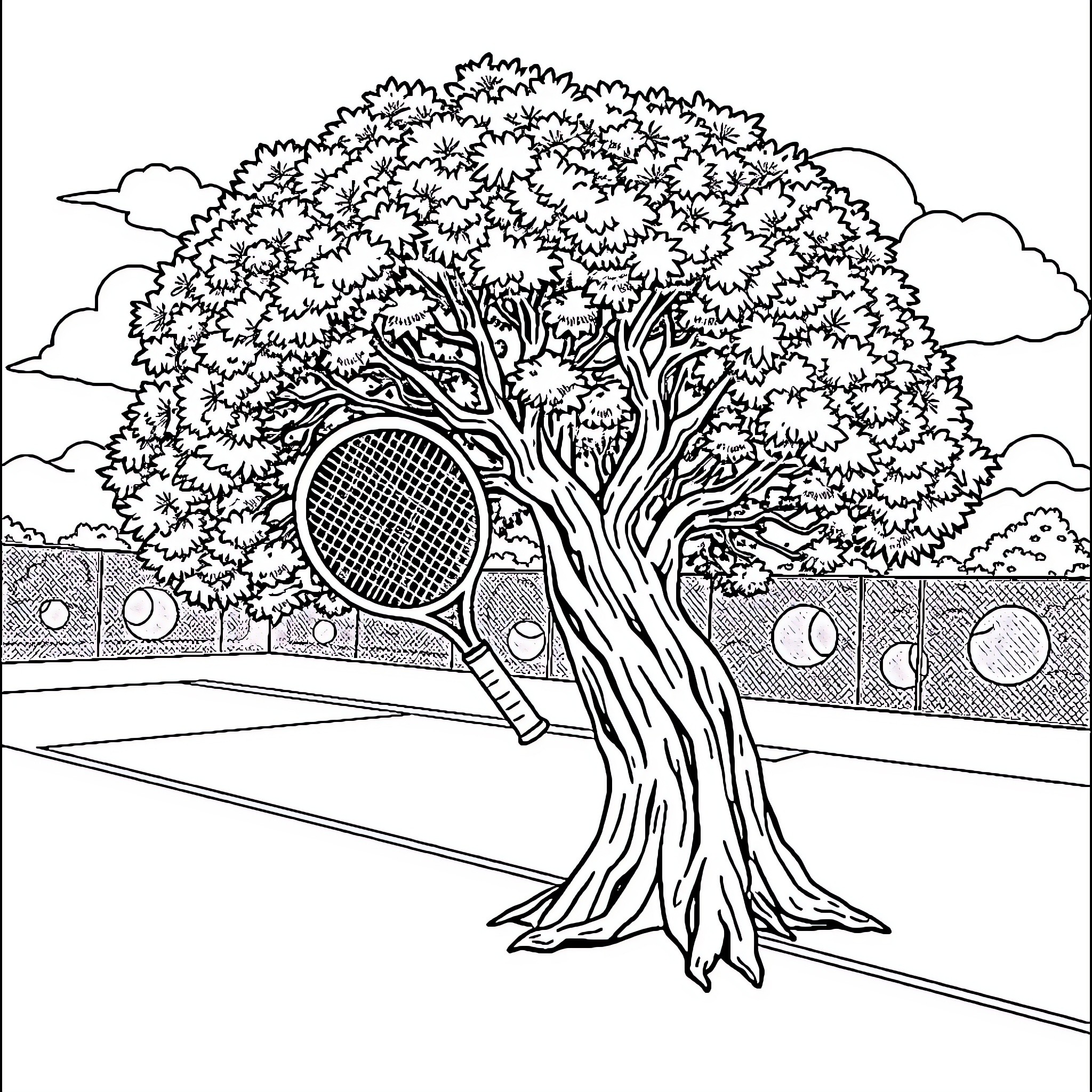 Oak Tree on Tennis Court with Racket Coloring Page (free black-and-white line drawing printable PDF for all, from beginners to advanced learners, including children, teens, adults, and seniors)