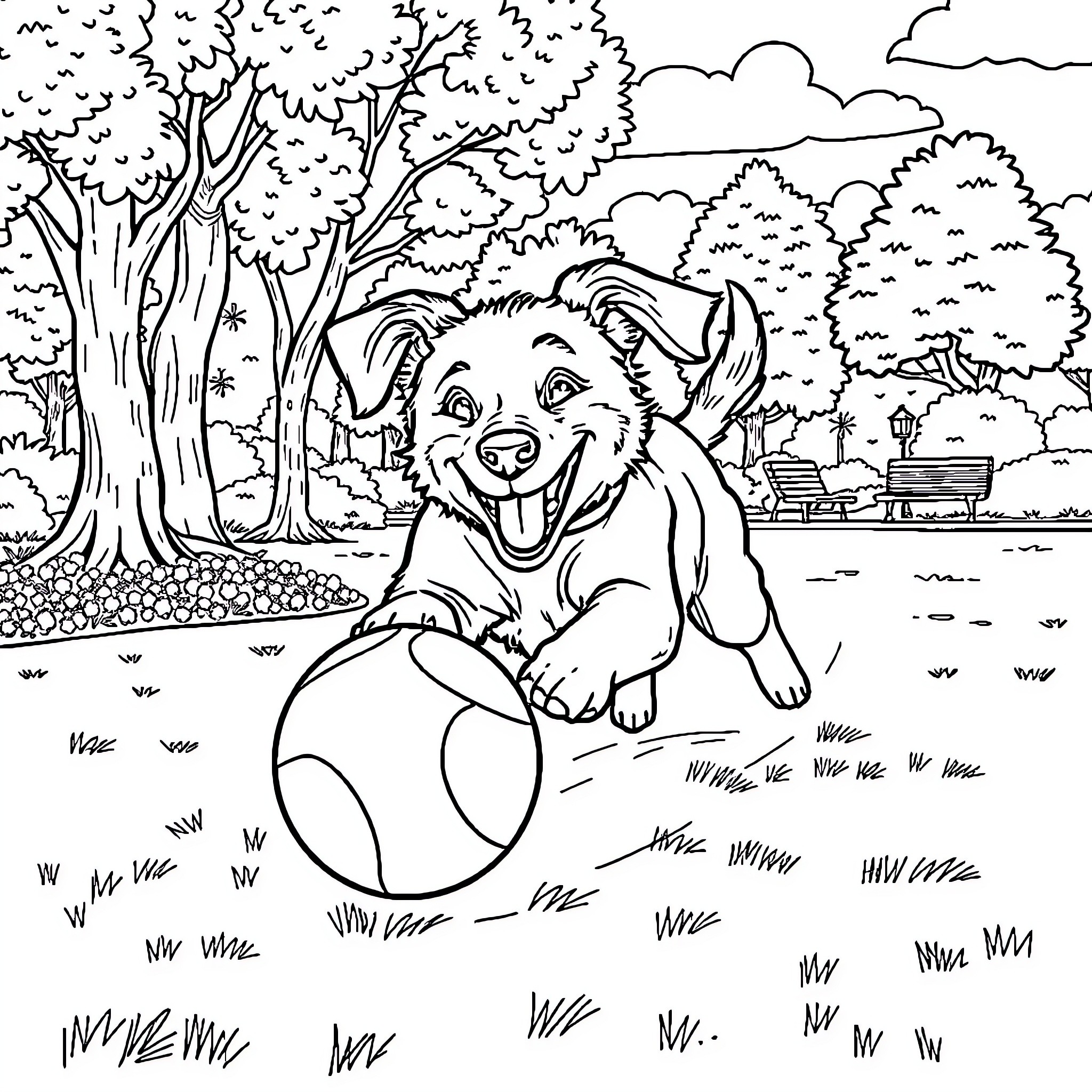 Dog happily playing with ball in park Coloring Page (free black-and-white line drawing printable PDF for all, from beginners to advanced learners, including children, teens, adults, and seniors)