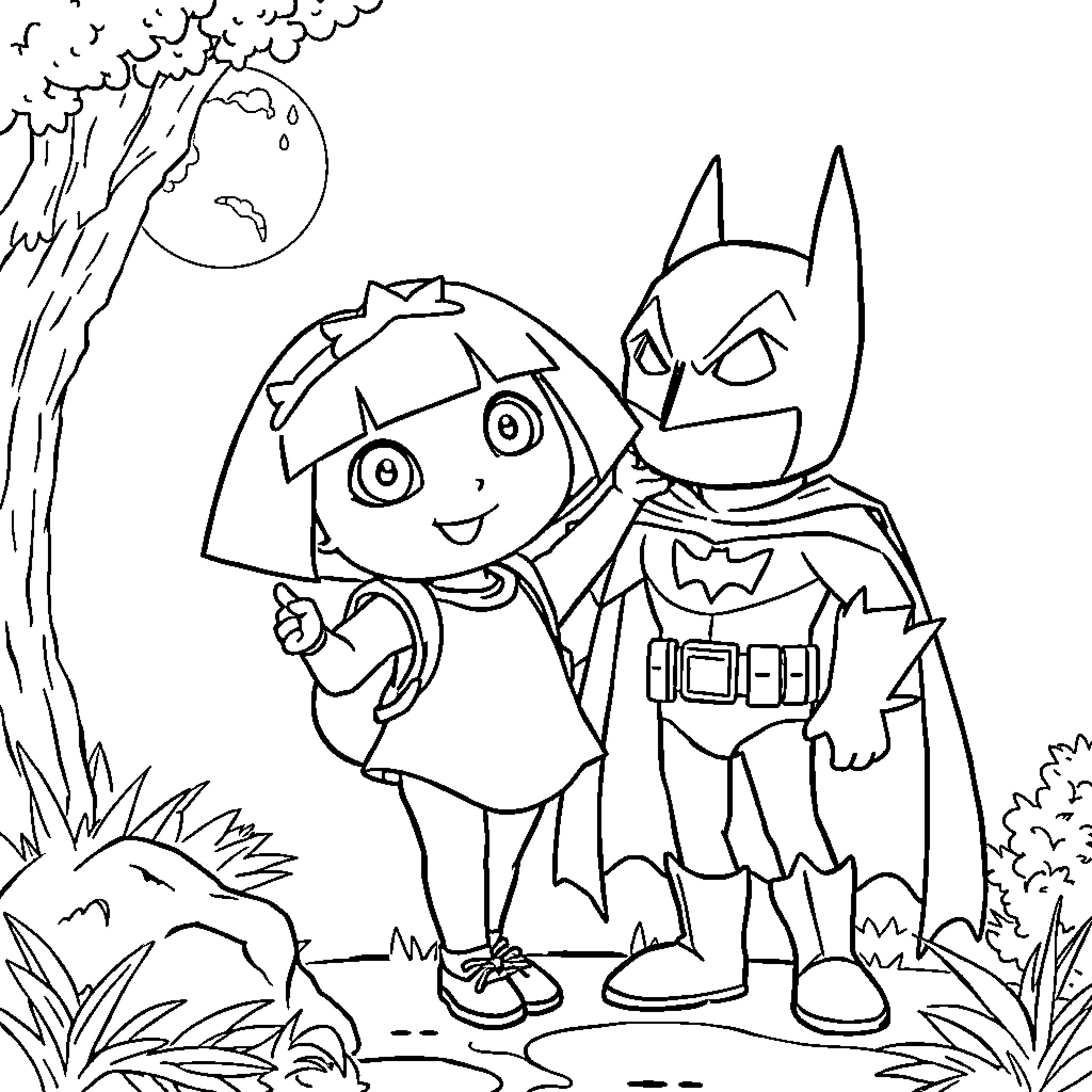 Dora and Batman explore the night forest Coloring Page (free black-and-white line drawing printable PDF for all, from beginners to advanced learners, including children, teens, adults, and seniors)