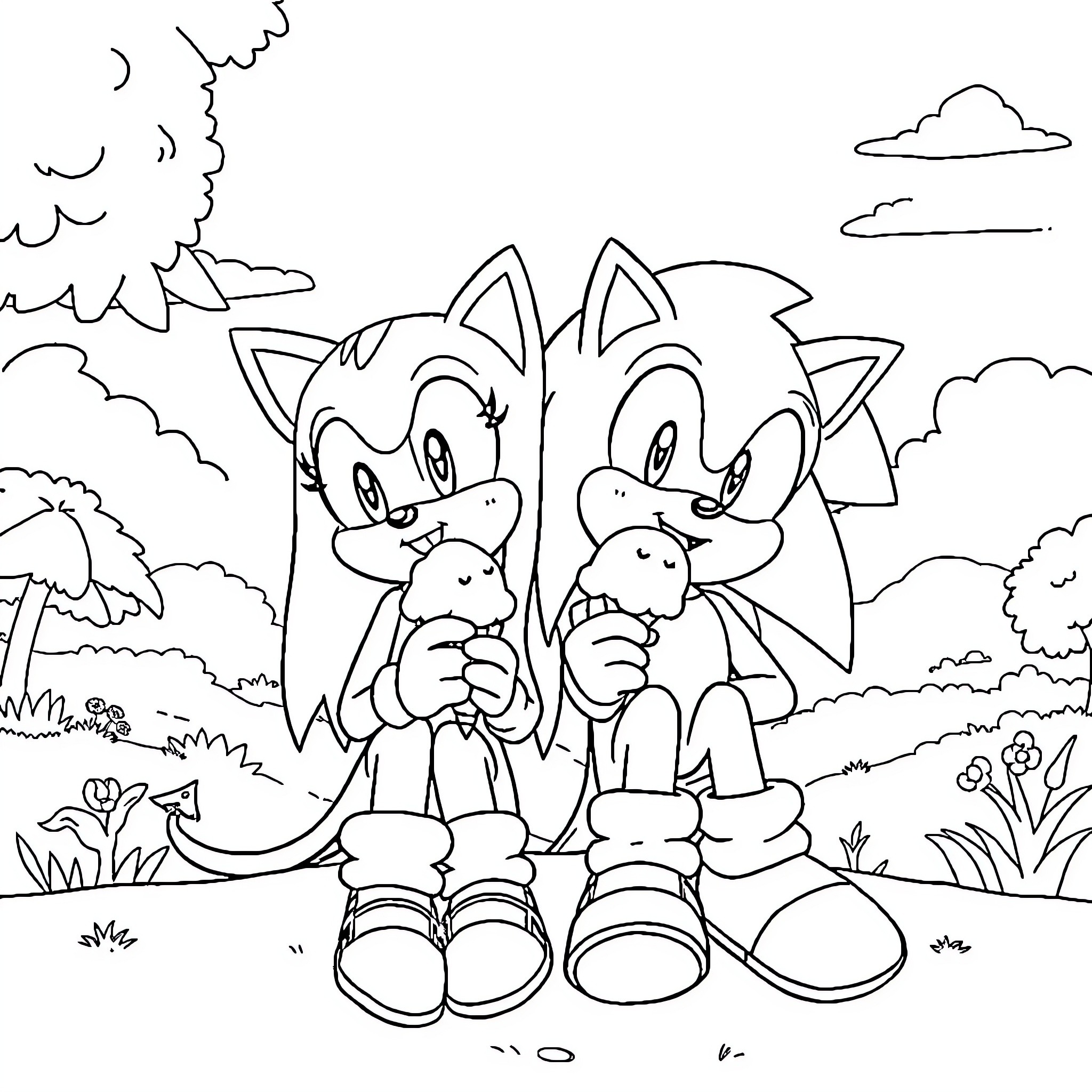 Pandy's Whimsical Adventure in Nature Coloring Page (free black-and-white line drawing printable PDF for all, from beginners to advanced learners, including children, teens, adults, and seniors)