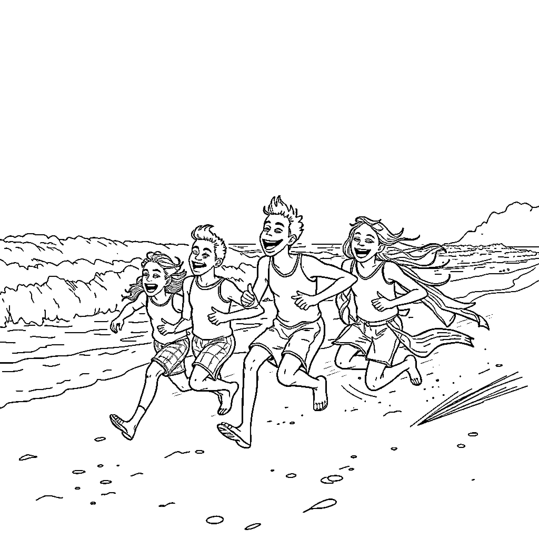 Band of Friends Frolicking on the Beach Coloring Page (free black-and-white line drawing printable PDF for all, from beginners to advanced learners, including children, teens, adults, and seniors)