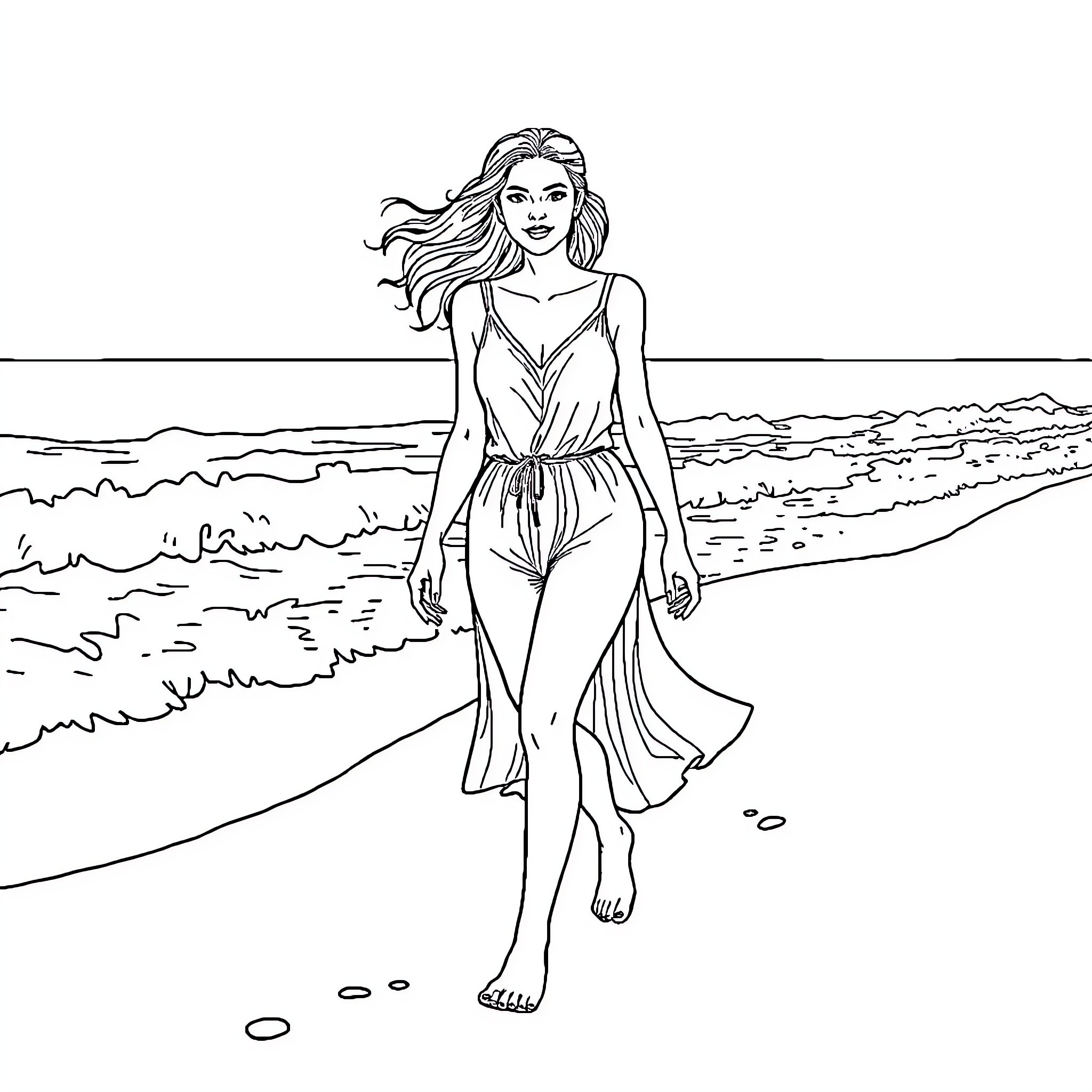 Olivia Dunne walking along the beach Coloring Page (free black-and-white line drawing printable PDF for all, from beginners to advanced learners, including children, teens, adults, and seniors)