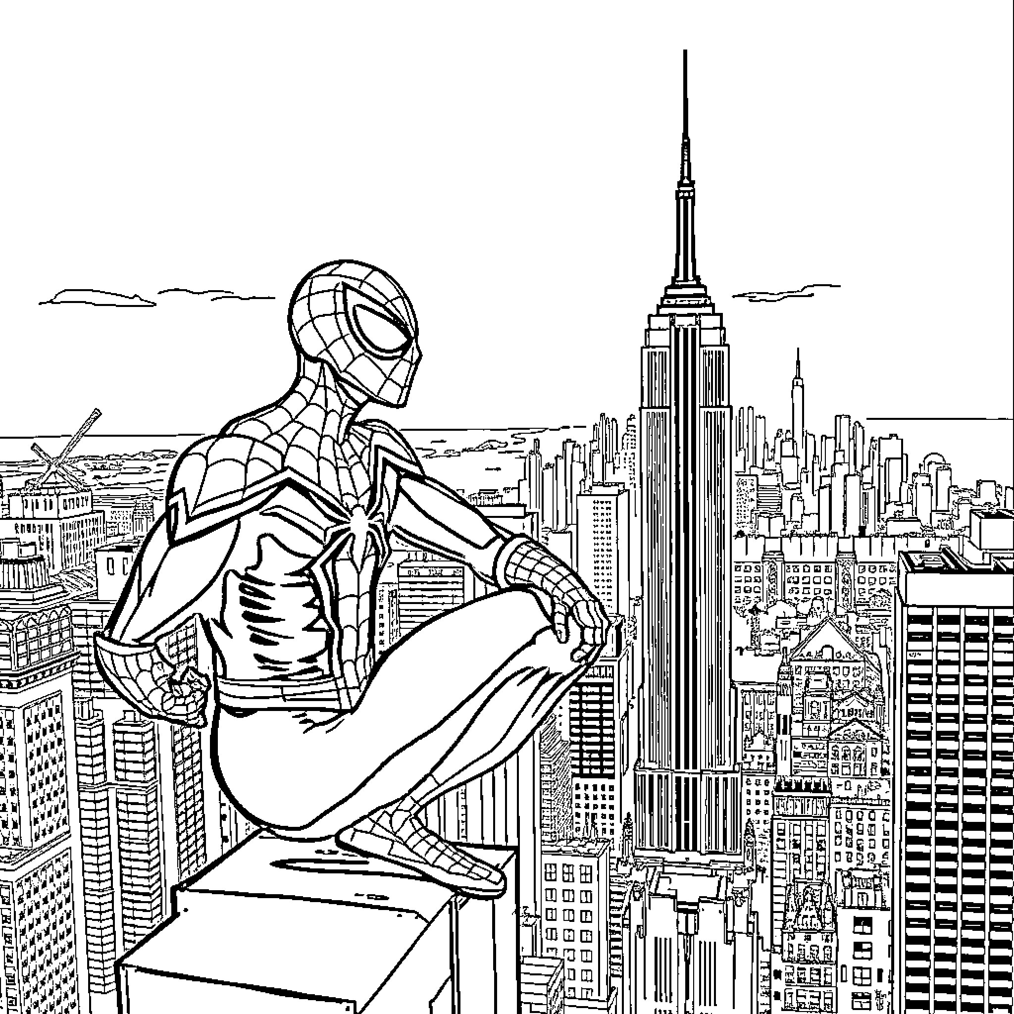 Spiderman overlooking the city skyline Coloring Page (free black-and-white line drawing printable PDF for all, from beginners to advanced learners, including children, teens, adults, and seniors)