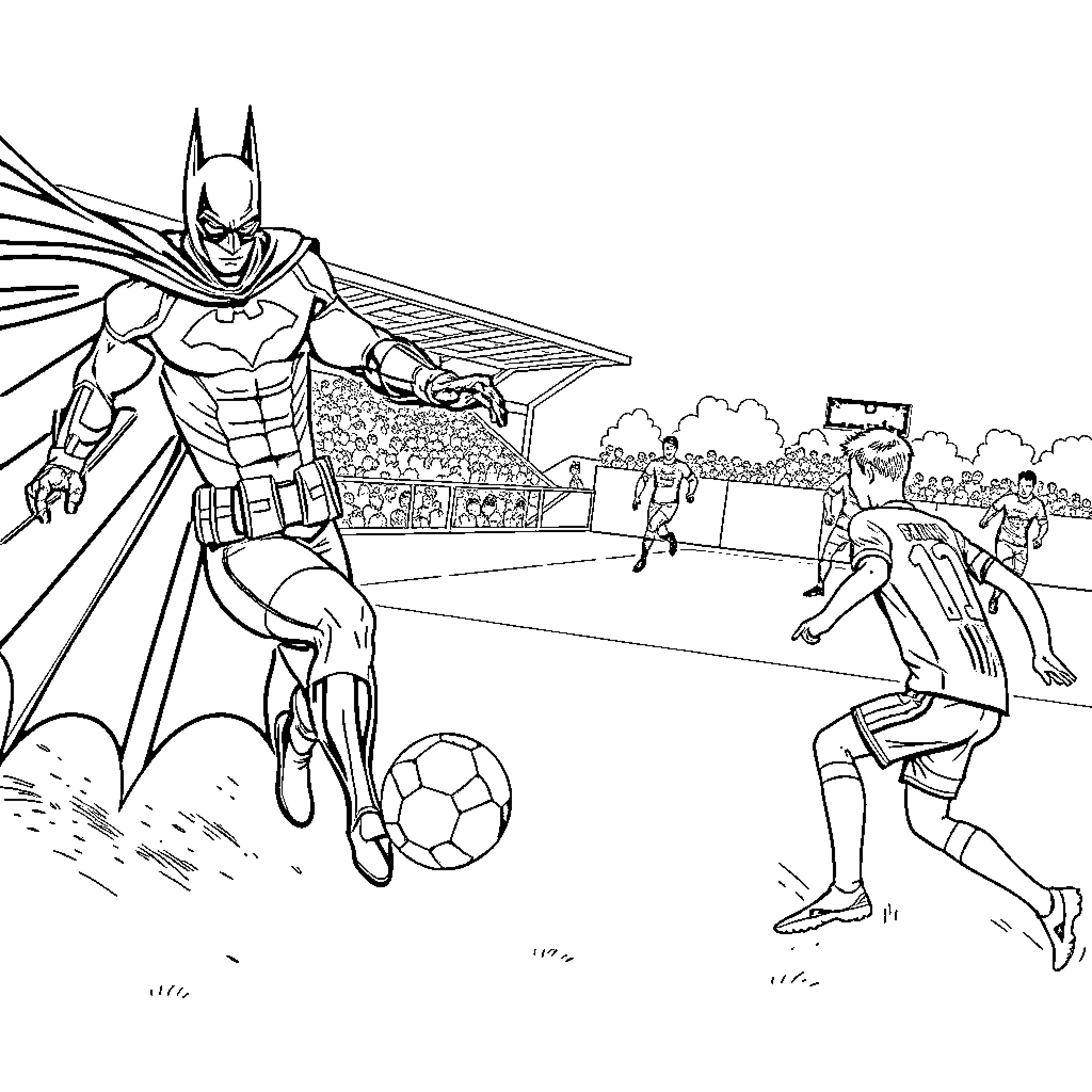 Batman playing soccer with villains in the stadium Coloring Page (free black-and-white line drawing printable PDF for all, from beginners to advanced learners, including children, teens, adults, and seniors)