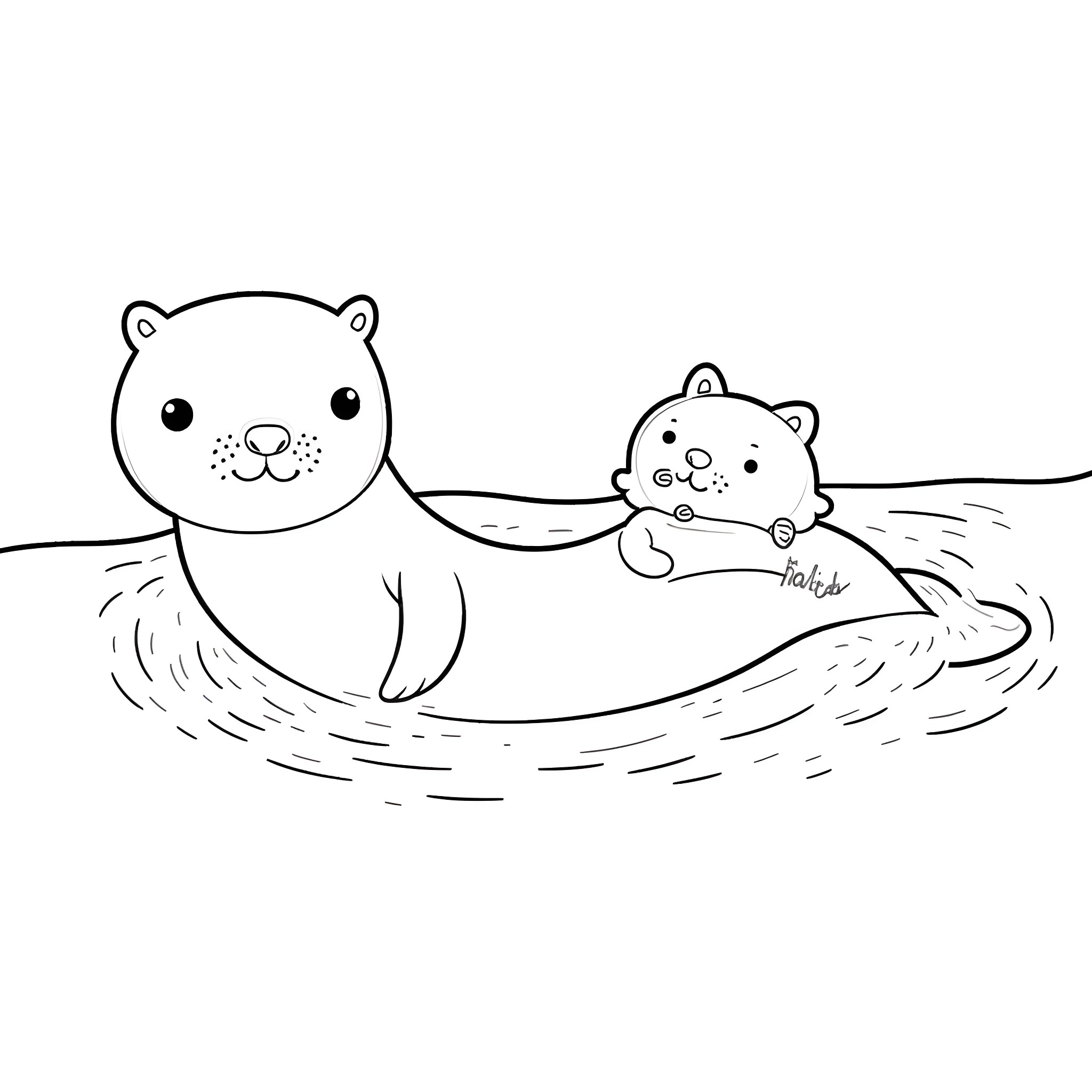 Otter swimming with baby otter in water Coloring Page (free black-and-white line drawing printable PDF for all, from beginners to advanced learners, including children, teens, adults, and seniors)