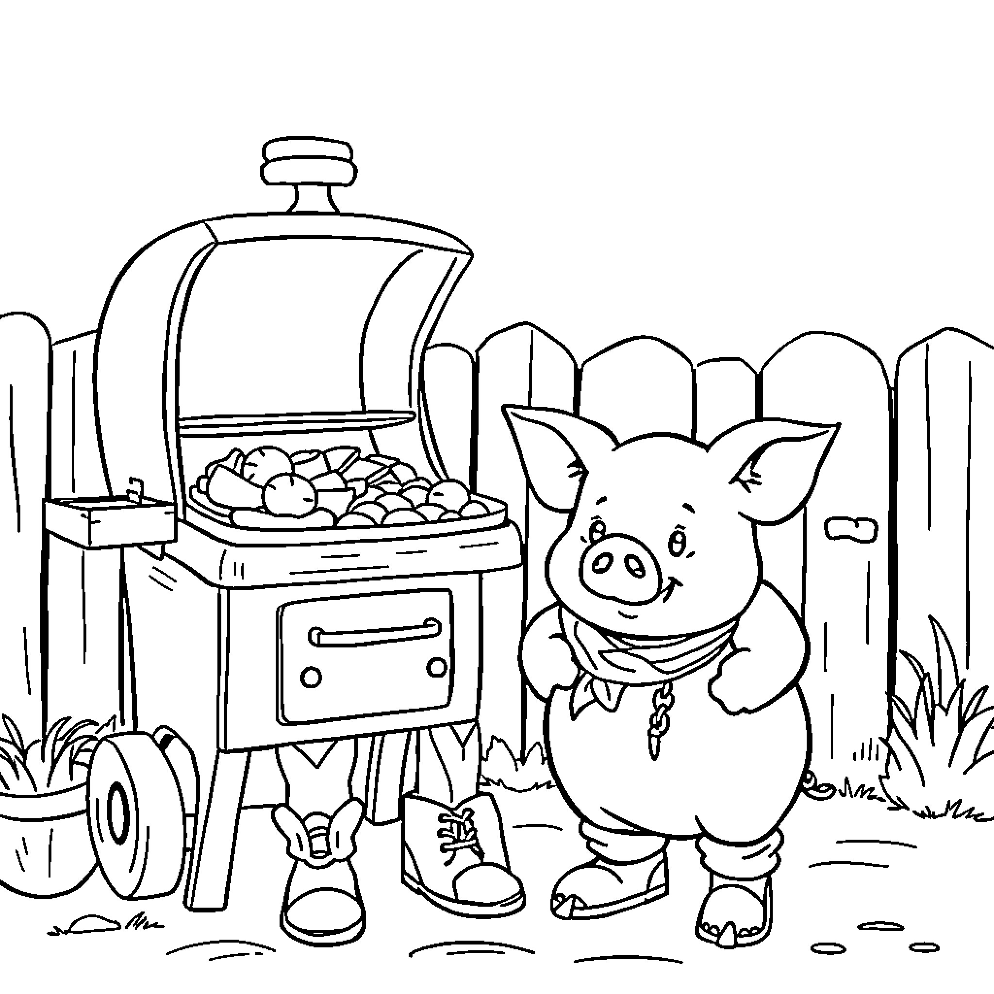 Pig Grilling Tasty Treats at the Backyard BBQ Coloring Page (free black-and-white line drawing printable PDF for all, from beginners to advanced learners, including children, teens, adults, and seniors)