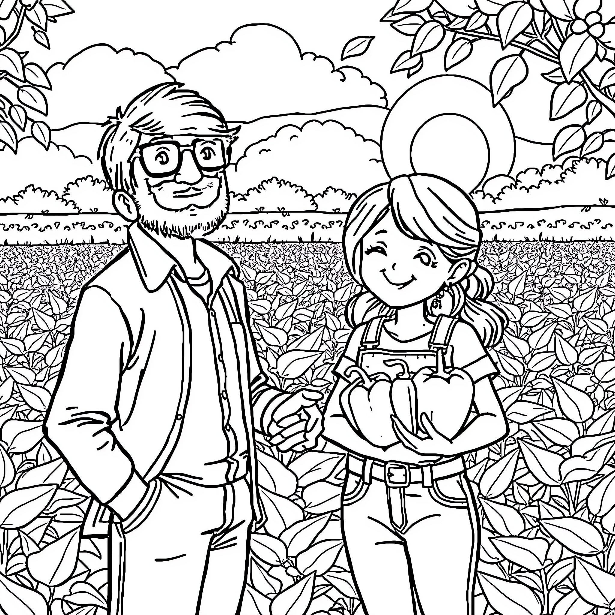 Teacher and Student Exploring Nature Together Coloring Page (free black-and-white line drawing printable PDF for all, from beginners to advanced learners, including children, teens, adults, and seniors)