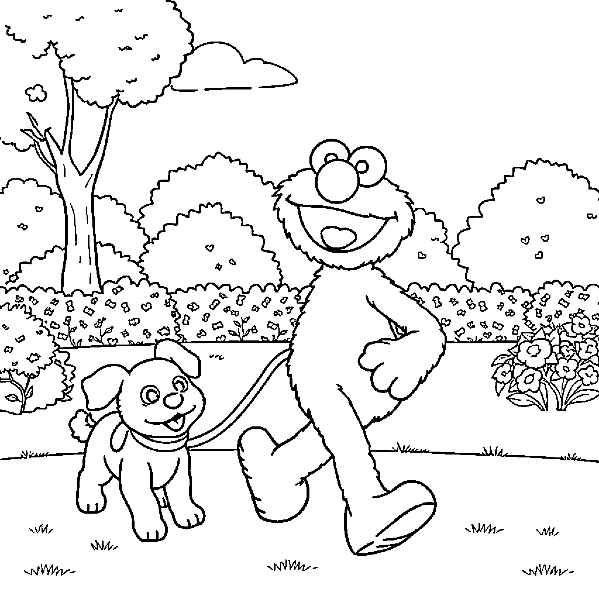 Elmo and puppy playing happily in the park Coloring Page (free black-and-white line drawing printable PDF for all, from beginners to advanced learners, including children, teens, adults, and seniors)