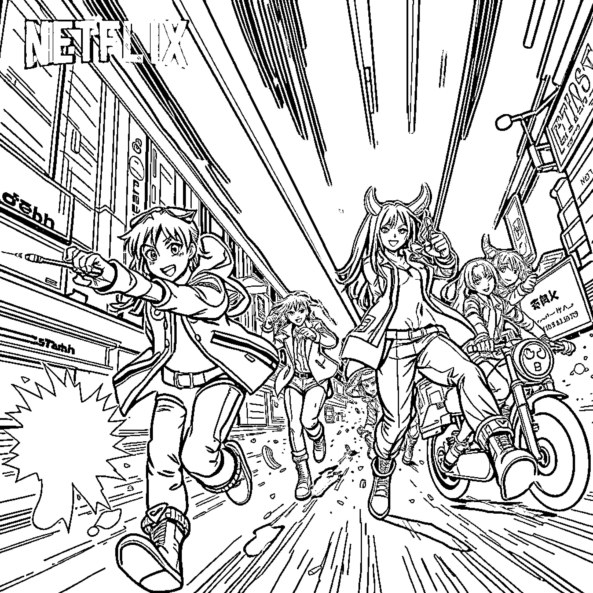 Kpop Demon Hunter: Action-packed Adventure in the City Streets Coloring Page (free black-and-white line drawing printable PDF for all, from beginners to advanced learners, including children, teens, adults, and seniors)