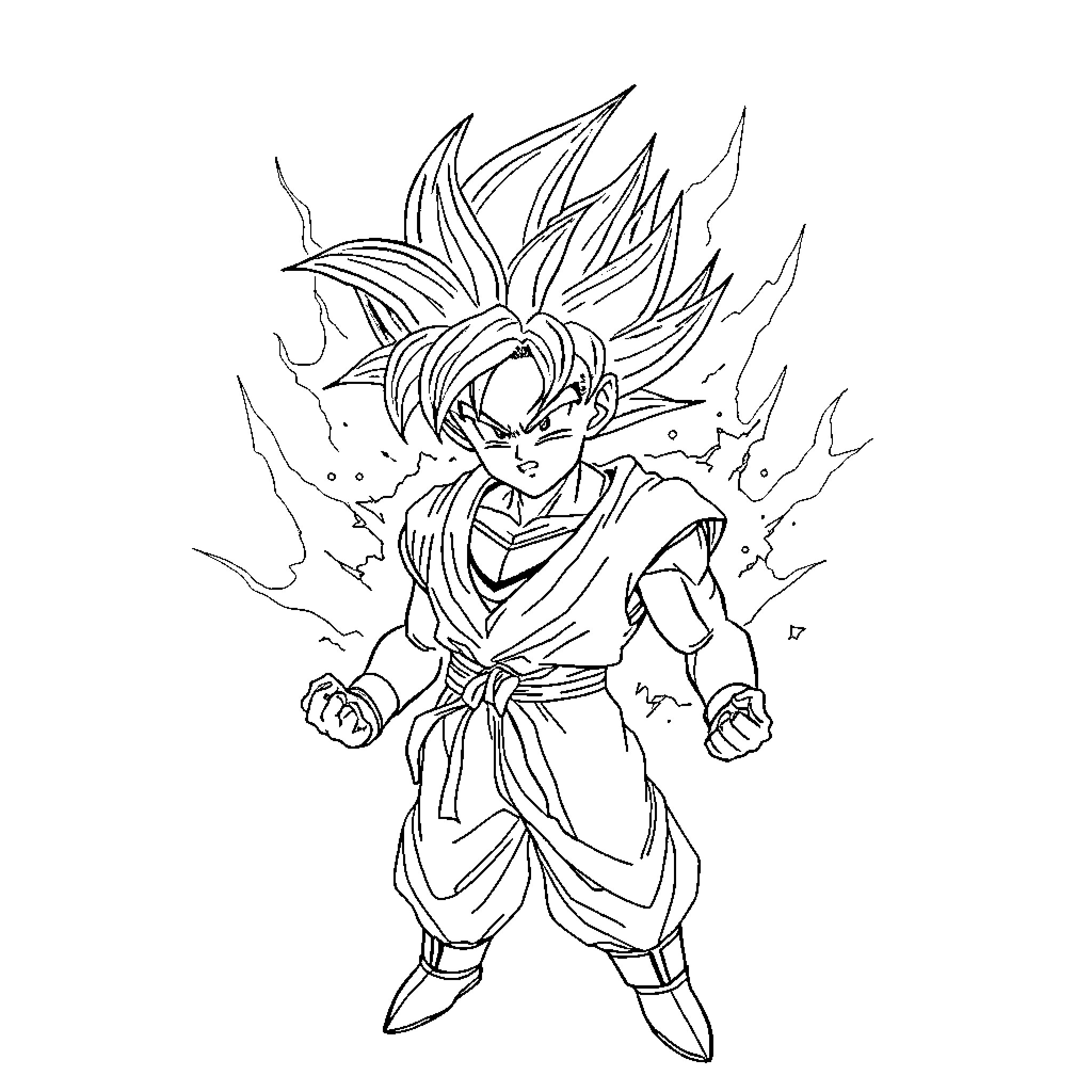 Goku's Powerful Super Saiyan Transformation Coloring Page (free black-and-white line drawing printable PDF for all, from beginners to advanced learners, including children, teens, adults, and seniors)