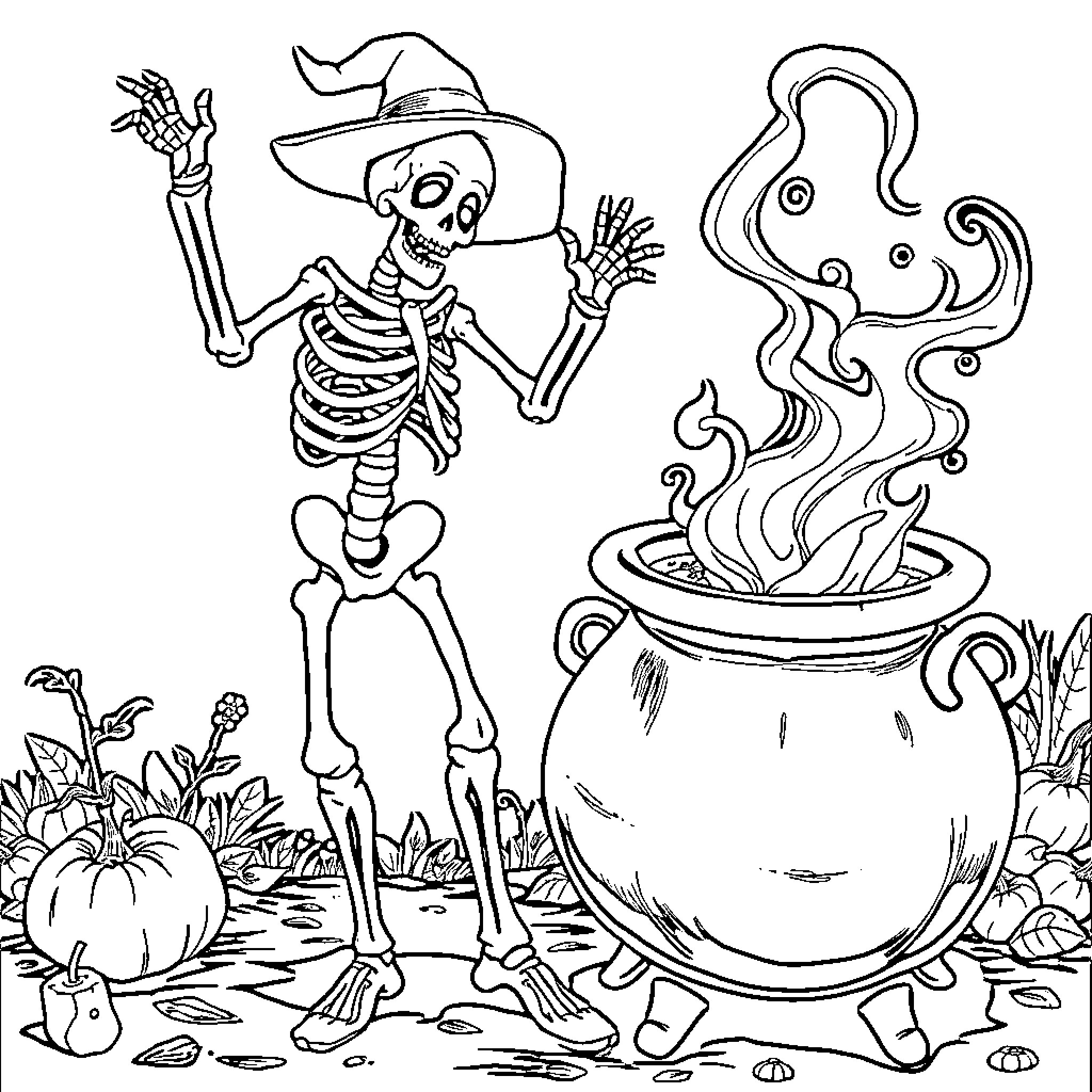Skeleton Conjuring Mysterious Spirits from a Cauldron Coloring Page (free black-and-white line drawing printable PDF for all, from beginners to advanced learners, including children, teens, adults, and seniors)