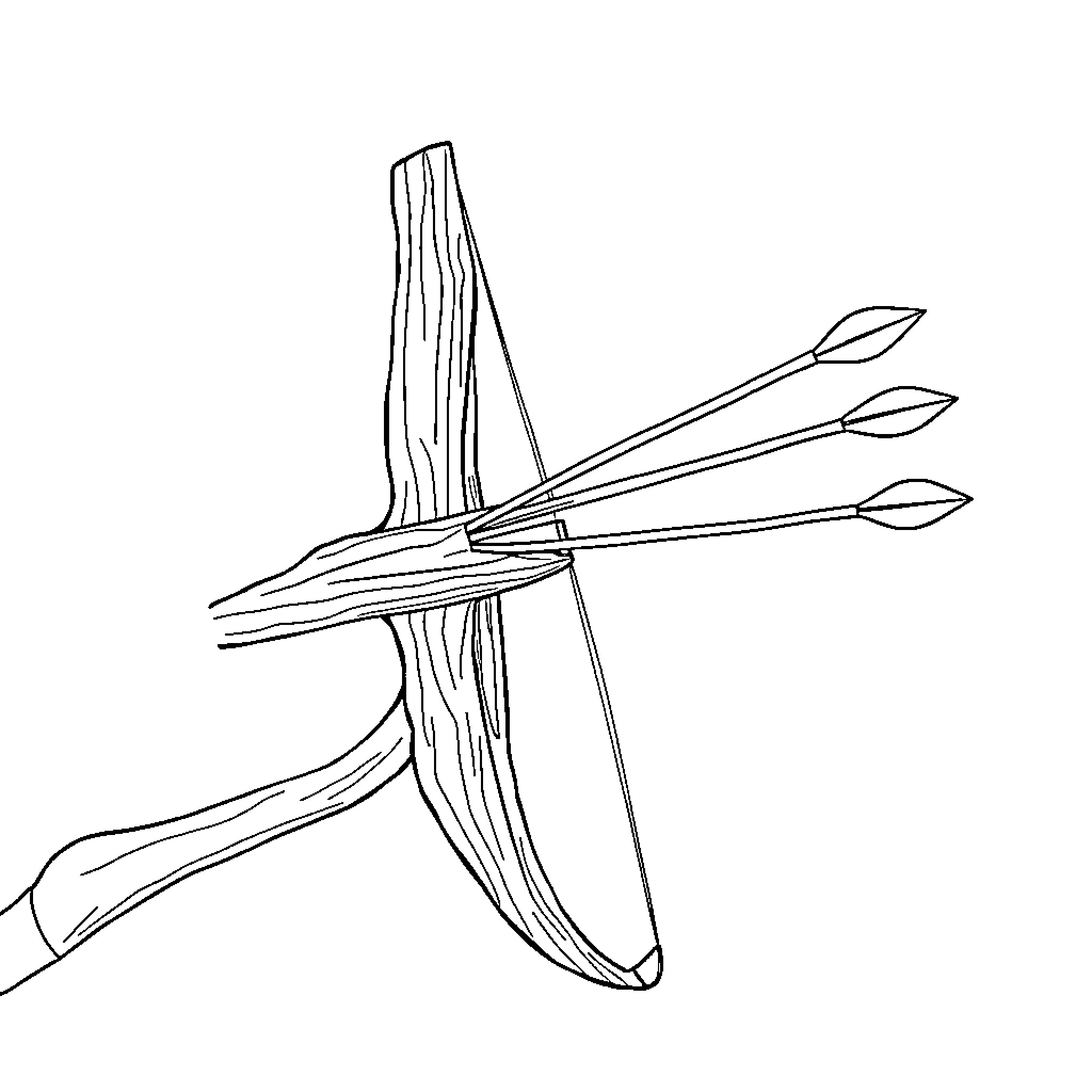 Bow and Arrows Leaning Against Tree Trunk Coloring Page (free black-and-white line drawing printable PDF for all, from beginners to advanced learners, including children, teens, adults, and seniors)