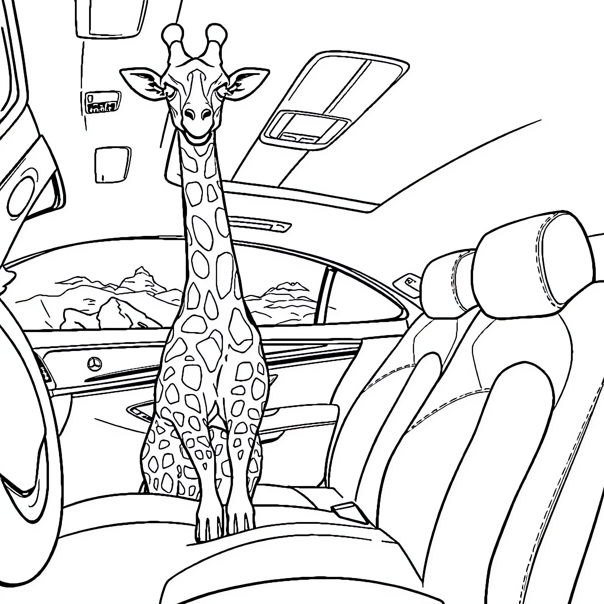 Giraffe peeking out of the car window Coloring Page (free black-and-white line drawing printable PDF for all, from beginners to advanced learners, including children, teens, adults, and seniors)