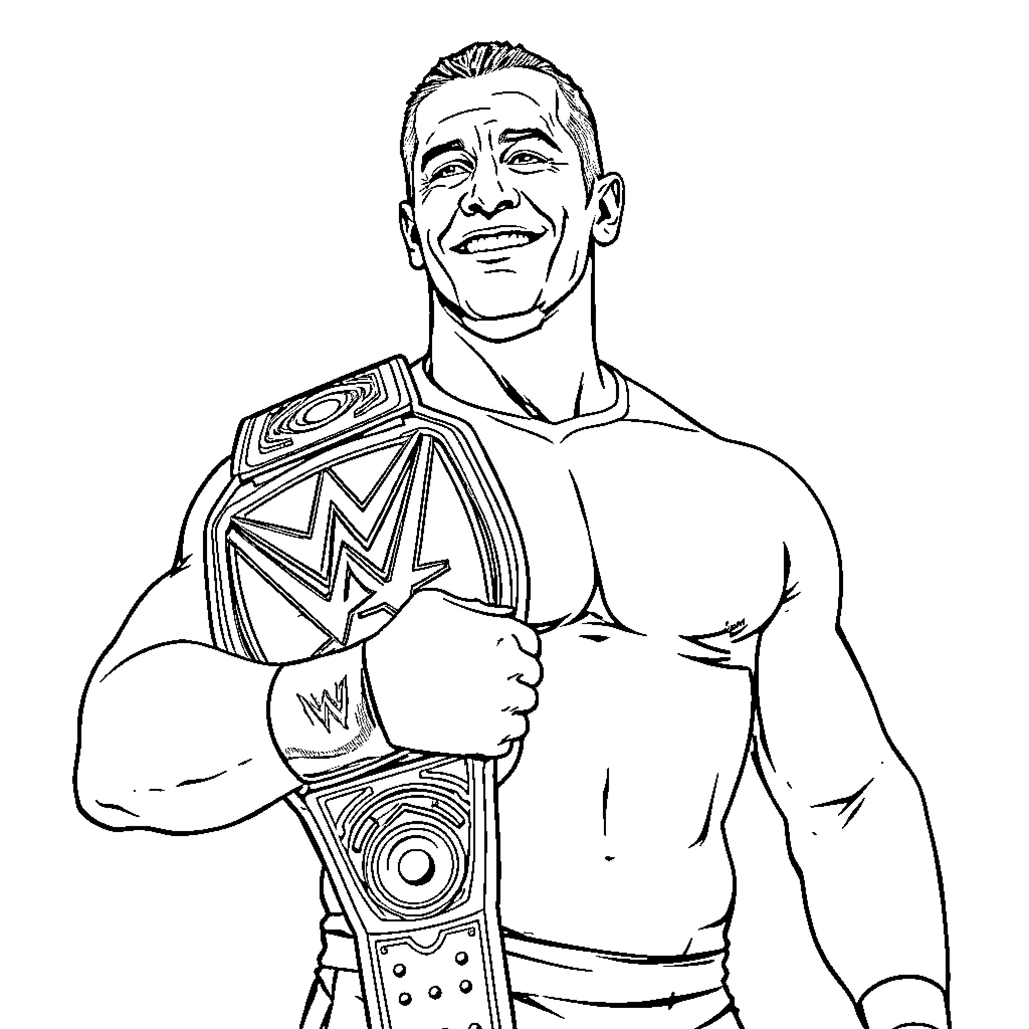 John Cena triumphantly holding championship belt Coloring Page (free black-and-white line drawing printable PDF for all, from beginners to advanced learners, including children, teens, adults, and seniors)