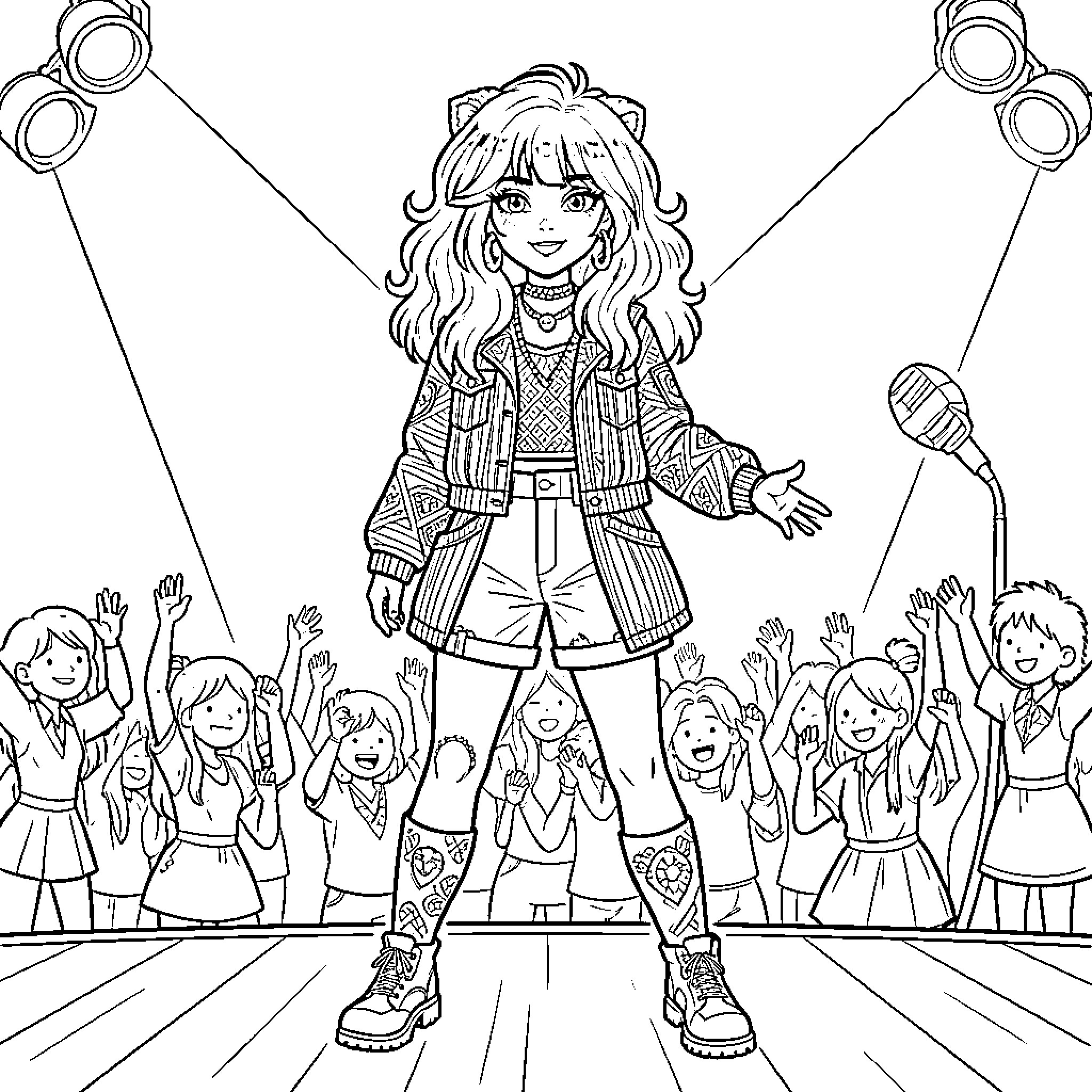 Melanie Martinez performing on stage with fans Coloring Page (free black-and-white line drawing printable PDF for all, from beginners to advanced learners, including children, teens, adults, and seniors)
