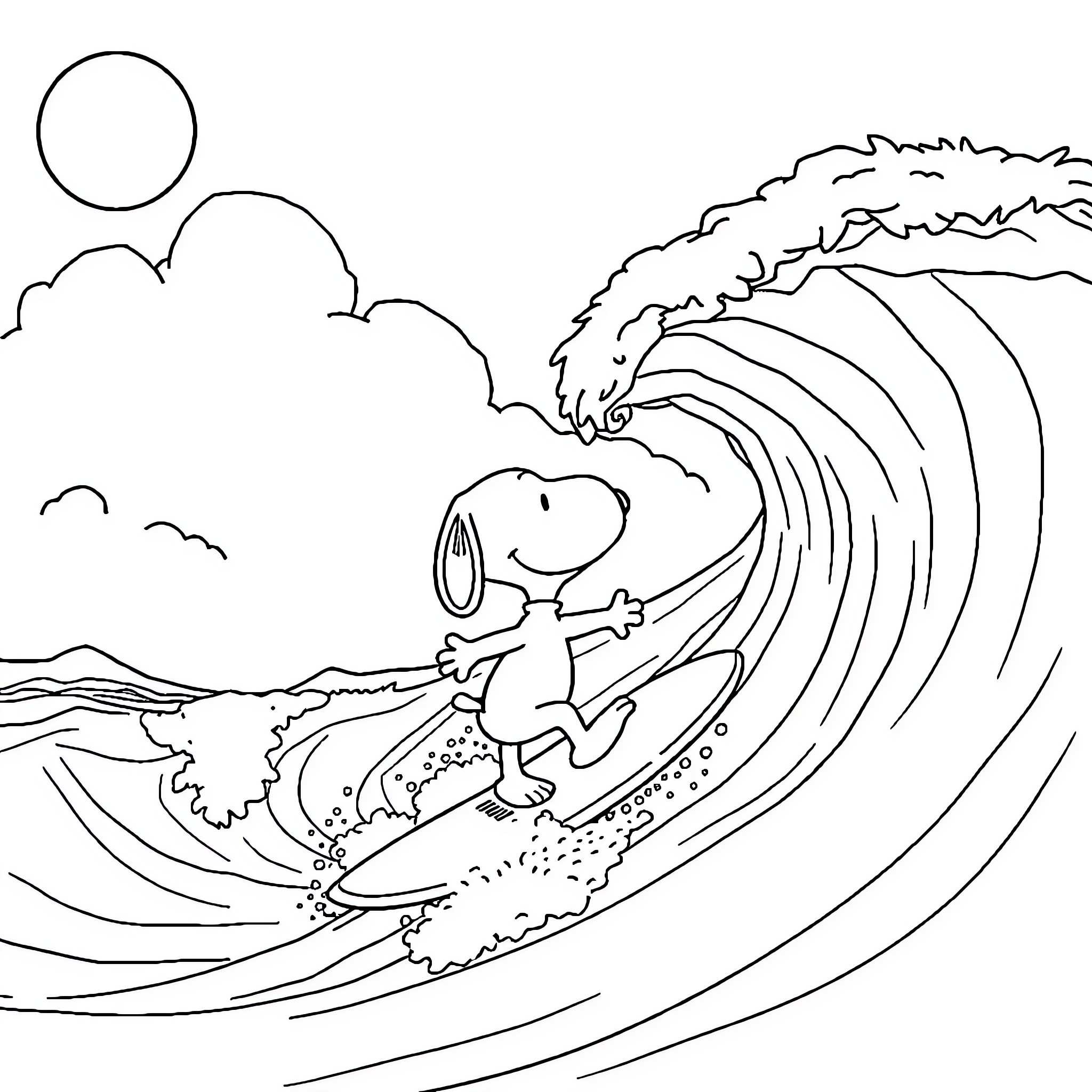 Snoopy surfs a giant wave in the ocean Coloring Page (free black-and-white line drawing printable PDF for all, from beginners to advanced learners, including children, teens, adults, and seniors)