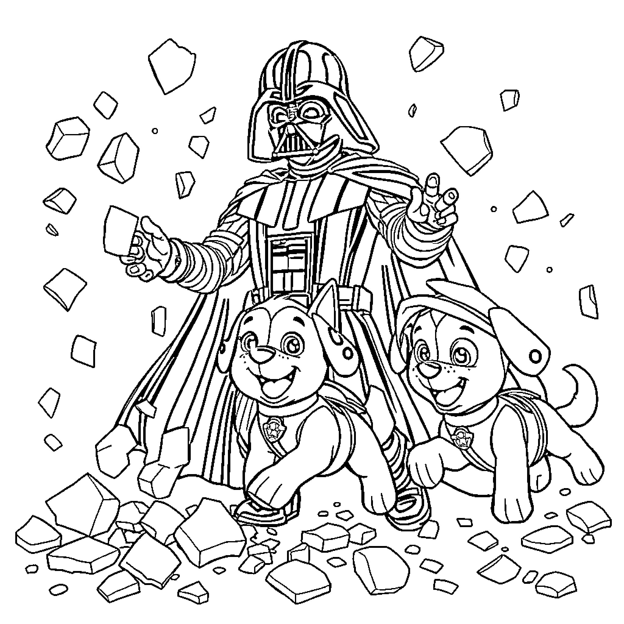Darth Vader with amusing companions in destruction Coloring Page (free black-and-white line drawing printable PDF for all, from beginners to advanced learners, including children, teens, adults, and seniors)