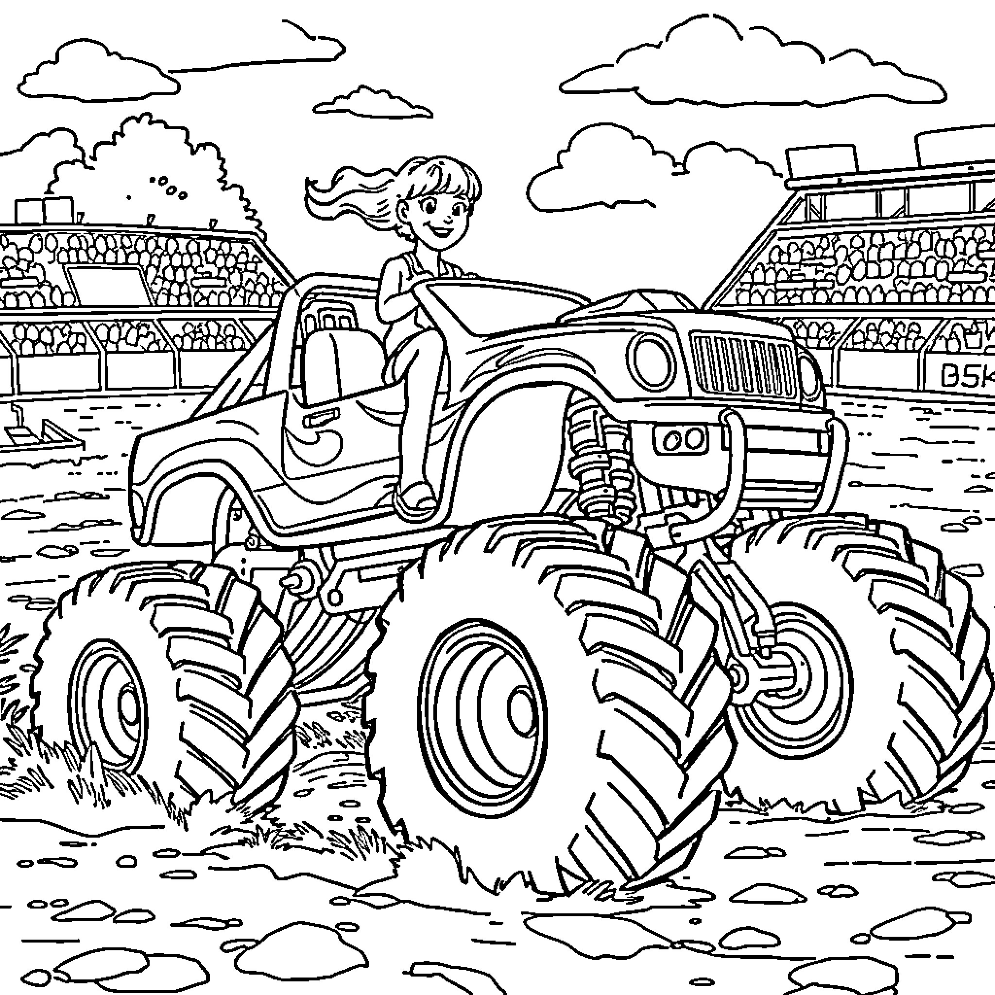 Girl riding monster truck in stadium Coloring Page (free black-and-white line drawing printable PDF for all, from beginners to advanced learners, including children, teens, adults, and seniors)
