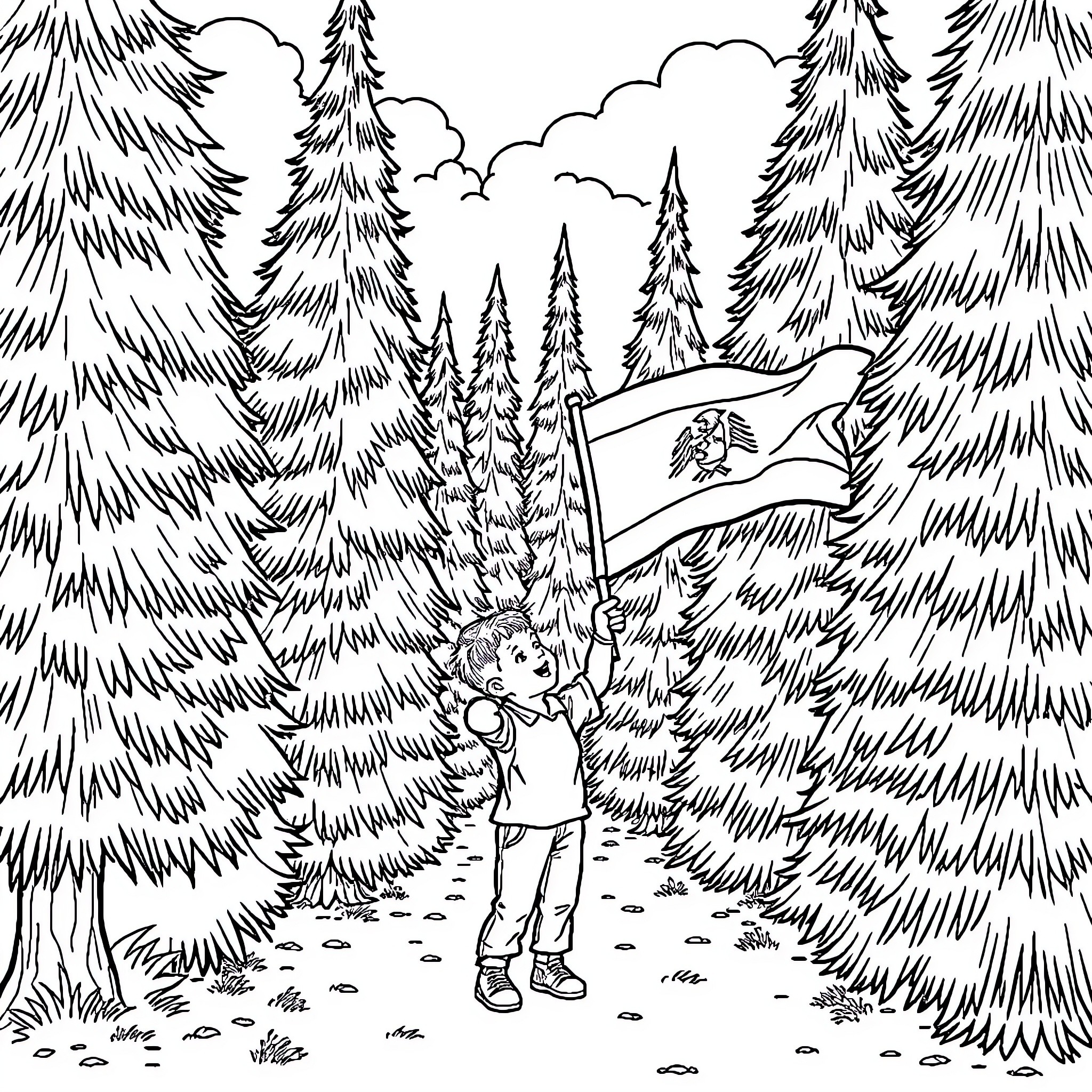 Boy exploring the enchanting forest adventure Coloring Page (free black-and-white line drawing printable PDF for all, from beginners to advanced learners, including children, teens, adults, and seniors)